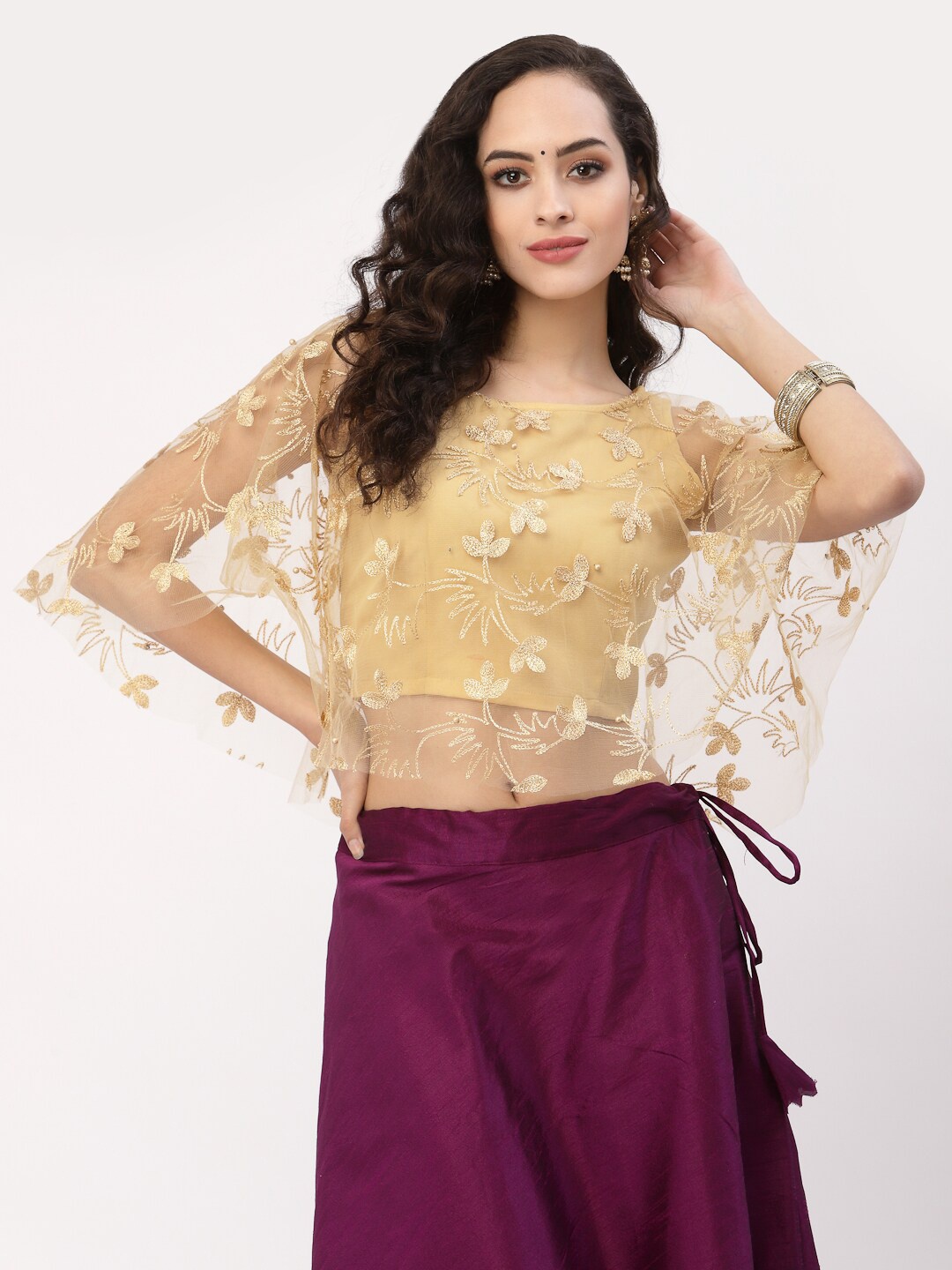 

studio rasa Women Beige Embroidered Cape Sleeve Top