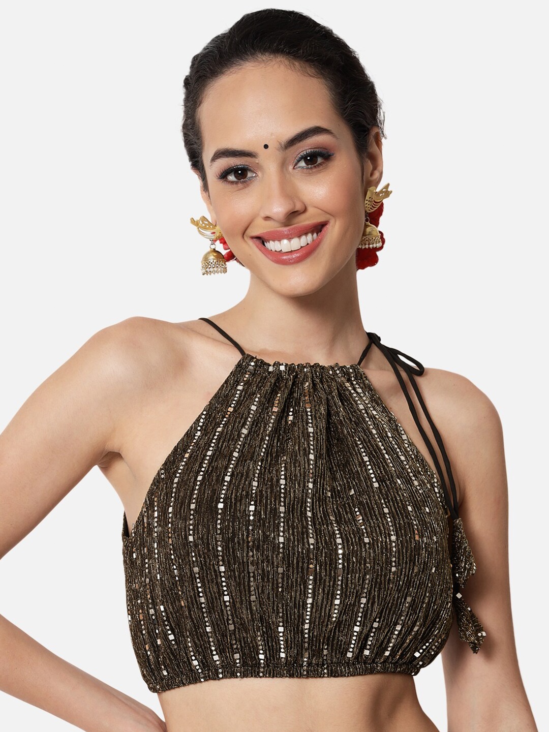 

studio rasa Women Black Embellished Halter Neck Georgette Crop Top