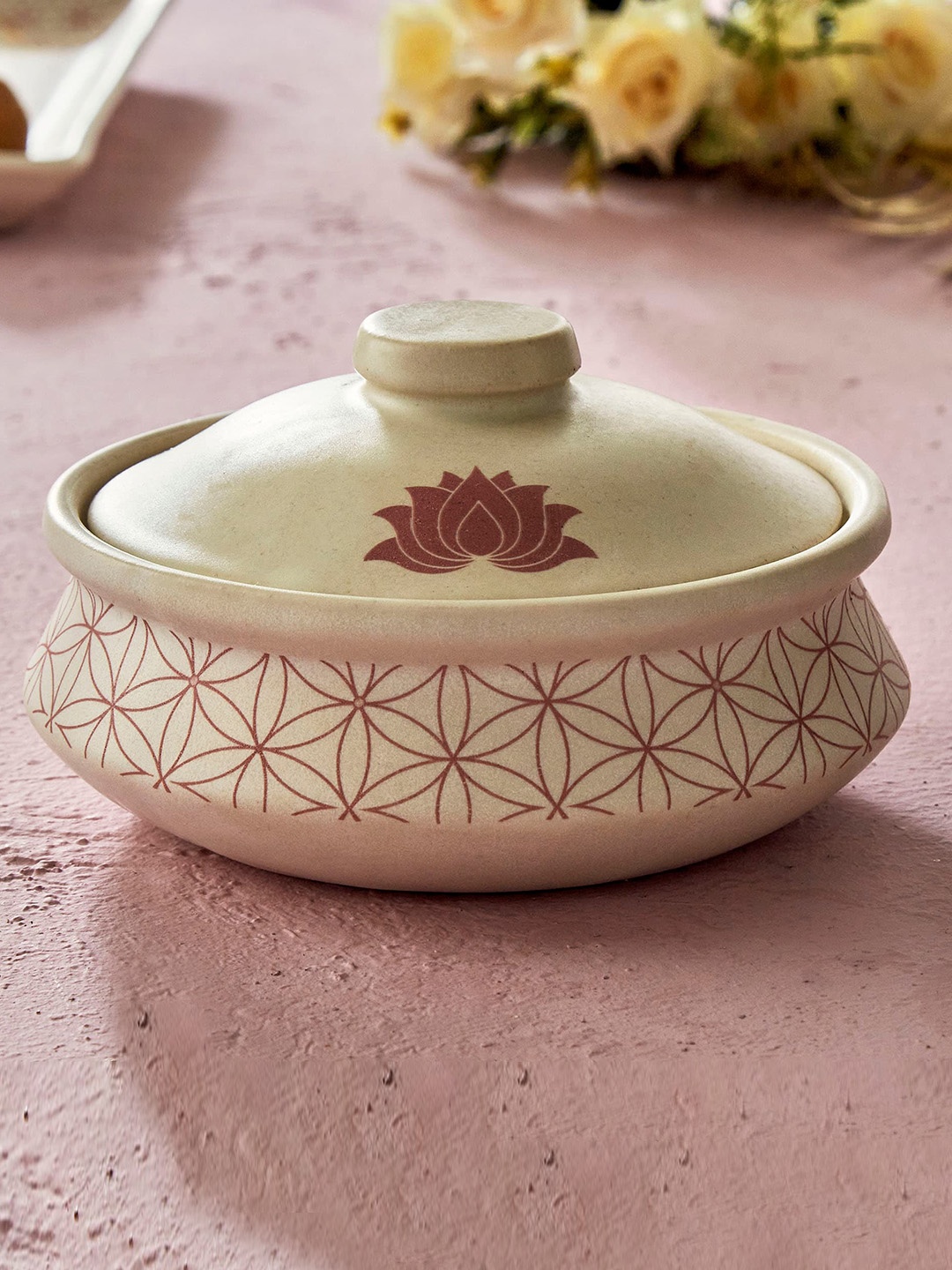 

Home Centre Beige & Maroon Floral Printed Stoneware Serving Handi With Lid - 750ml