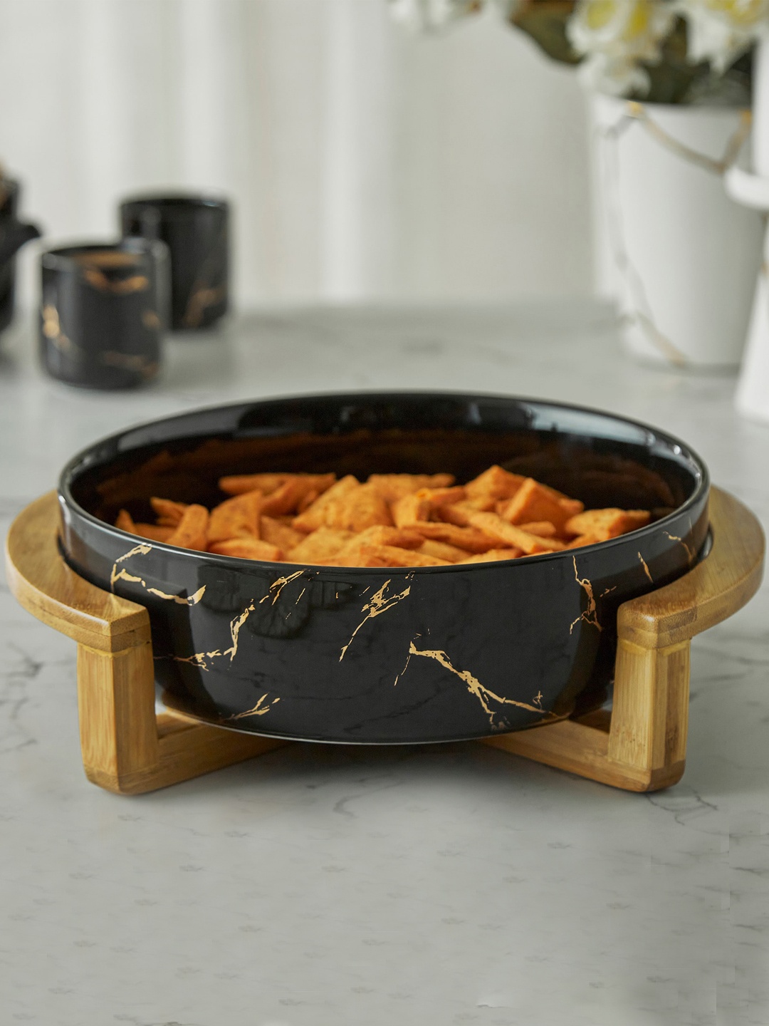 

Home Centre Black Printed Stoneware Serving Bowl