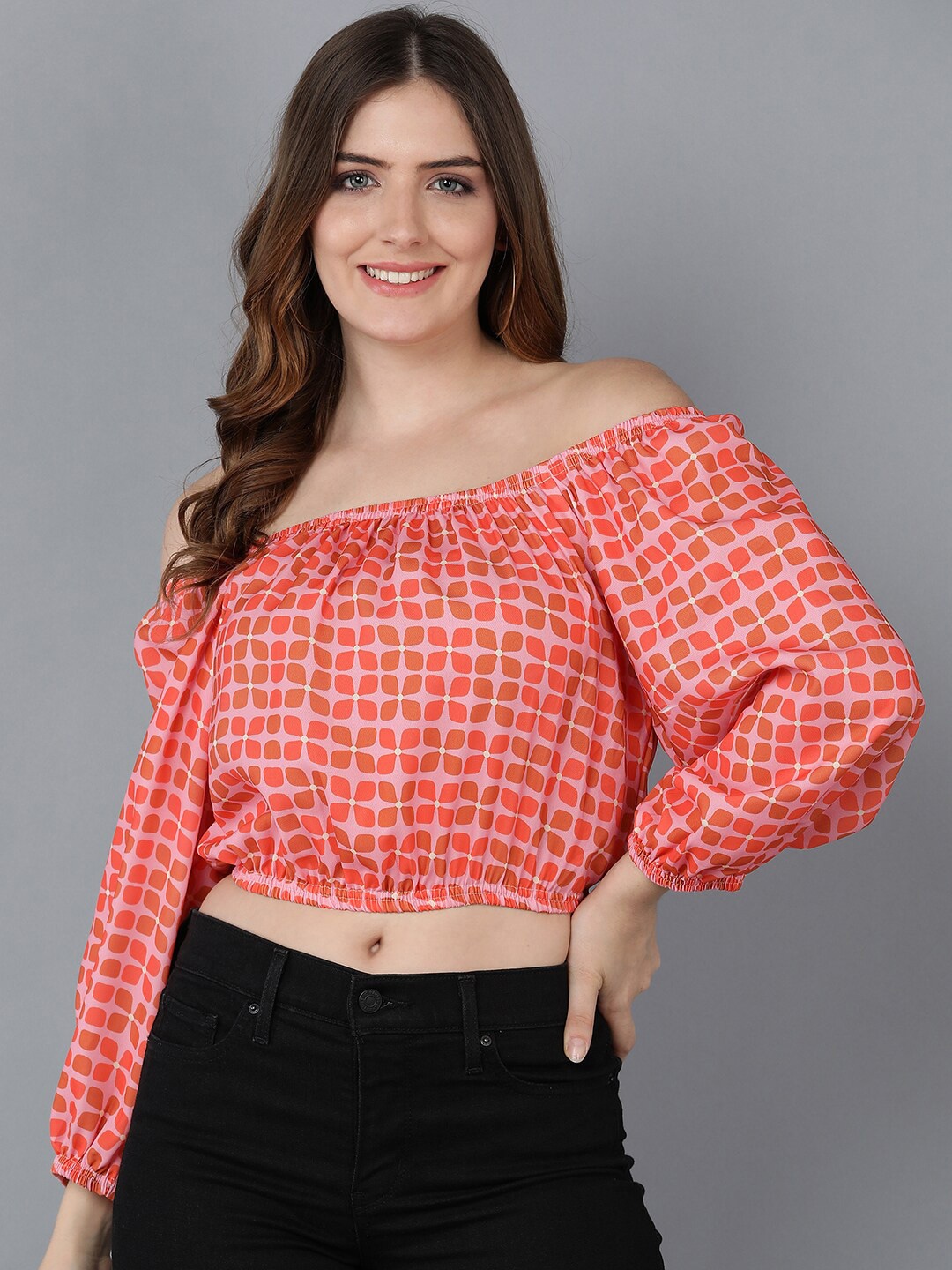 

DressBerry Women Pink & Coral Floral Print Off-Shoulder Block Print Crepe Bardot Crop Top