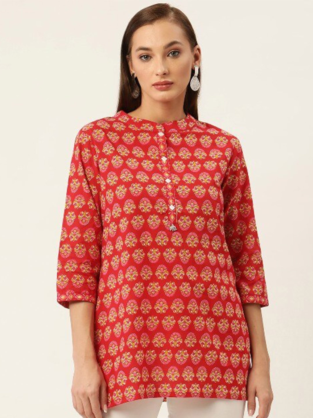 

FABRIC FITOOR Women Red & Yellow Print Mandarin Collar Pure Cotton Longline Top