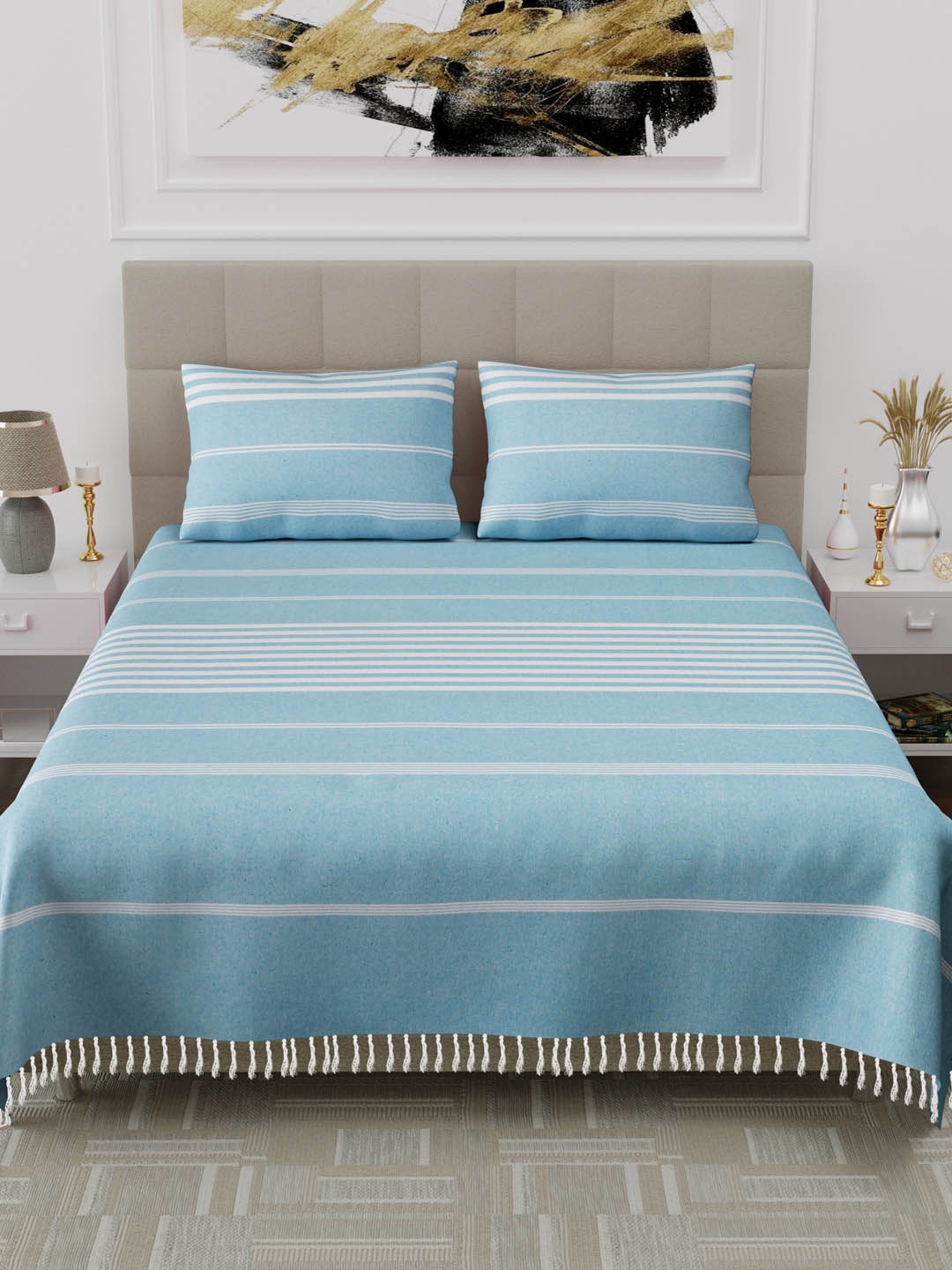 

Varde Blue & Off White Striped 180 TC King Bedsheet with 2 Pillow Covers