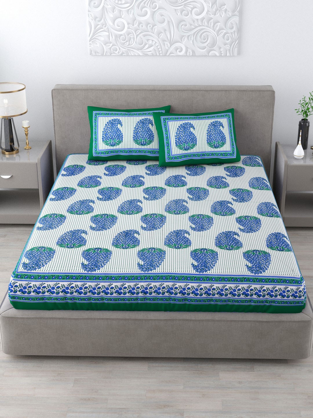 

Varde White & Blue Ethnic Motifs 120 TC Queen Bedsheet with 2 Pillow Covers