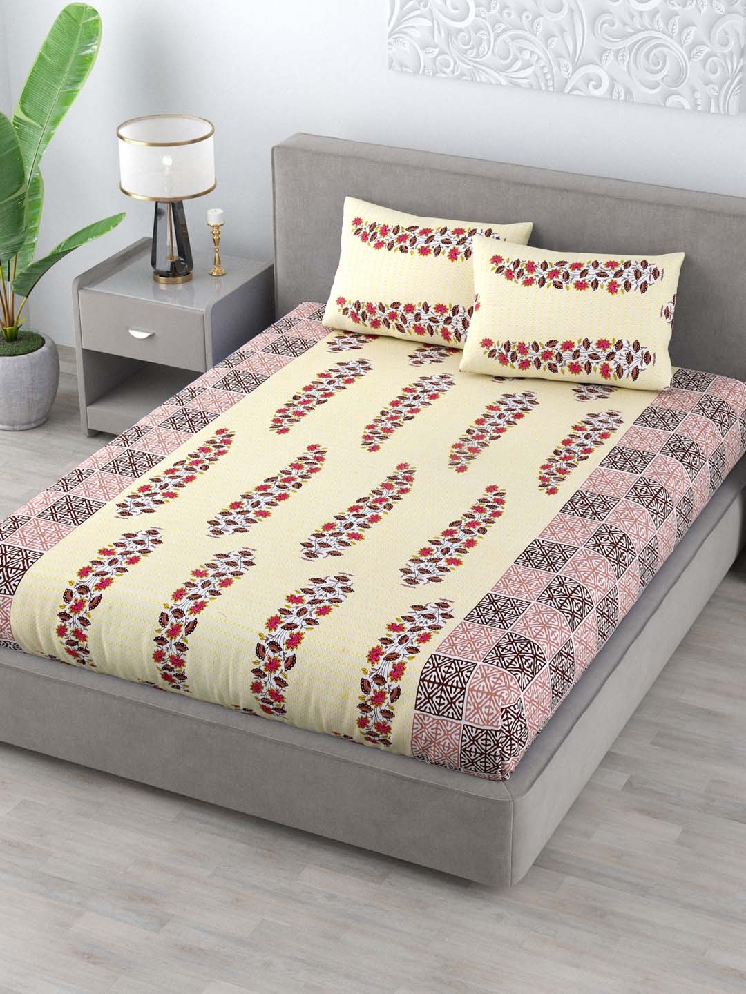 

Varde Yellow & Lavender Floral 120 TC Queen Bedsheet with 2 Pillow Covers