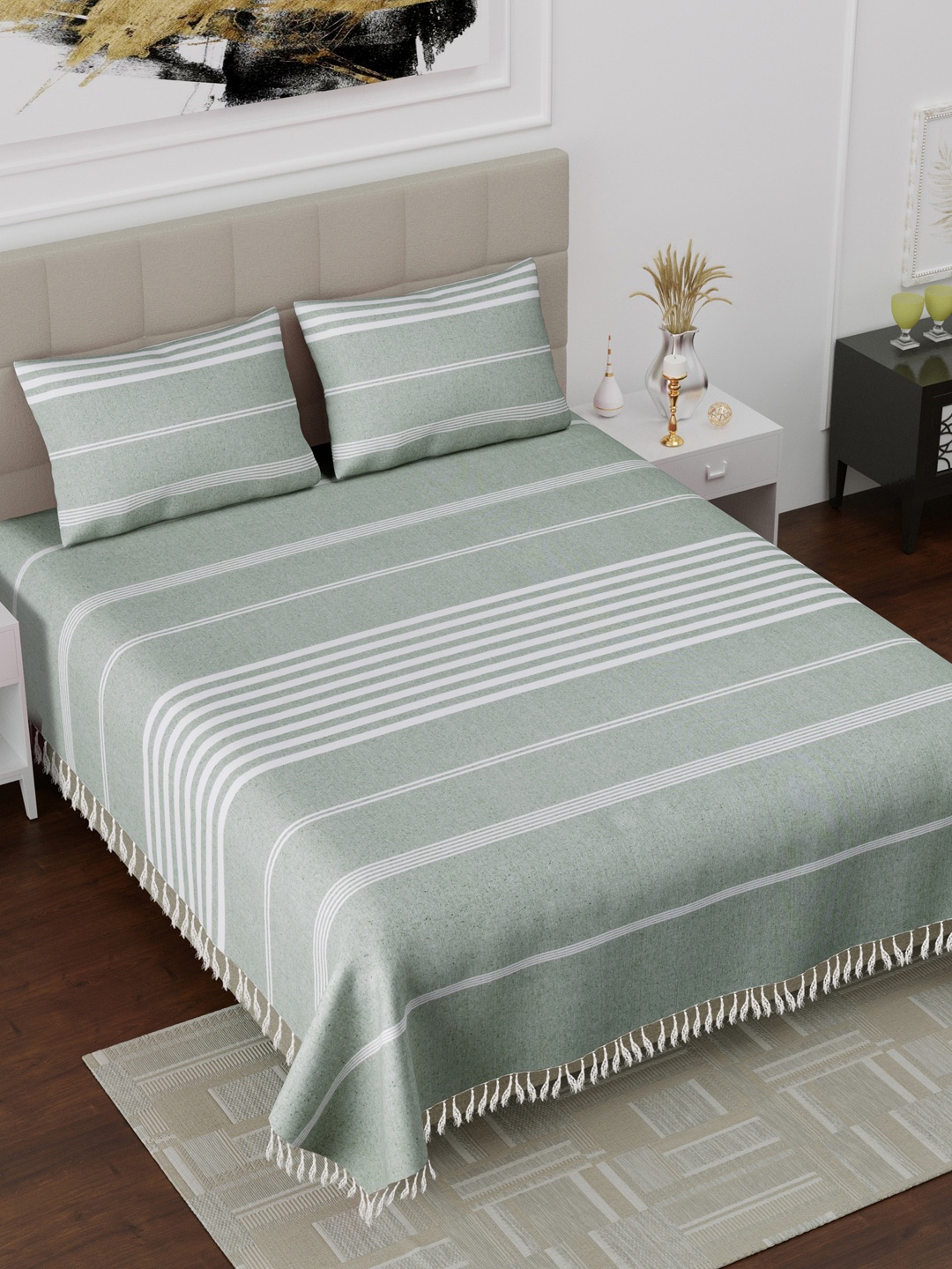 

Varde Sea Green & Off White Striped 180 TC King Bedsheet with 2 Pillow Covers