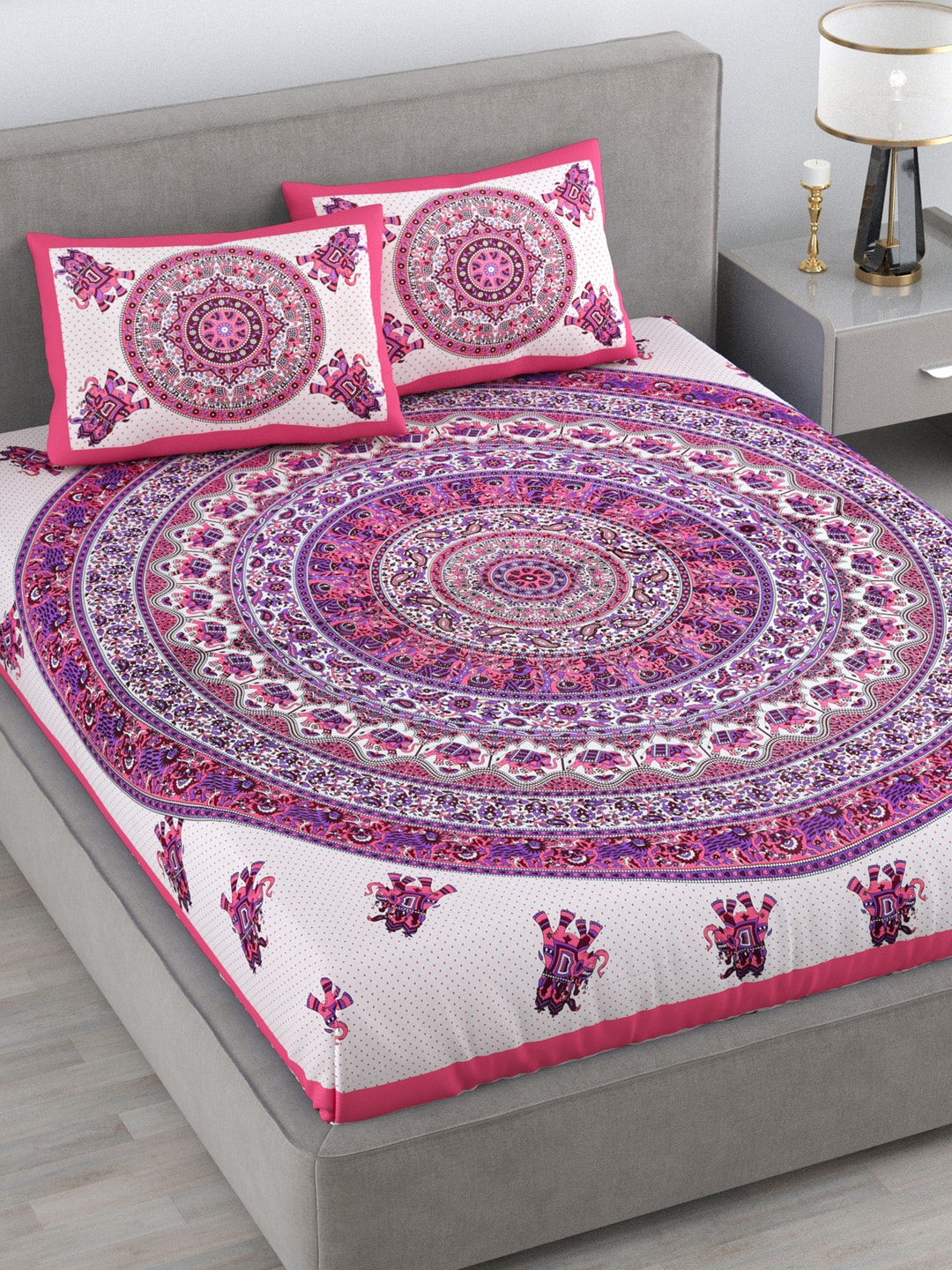 

Varde White & Purple Ethnic Motifs 120 TC Cotton Queen Bedsheet with 2 Pillow Covers