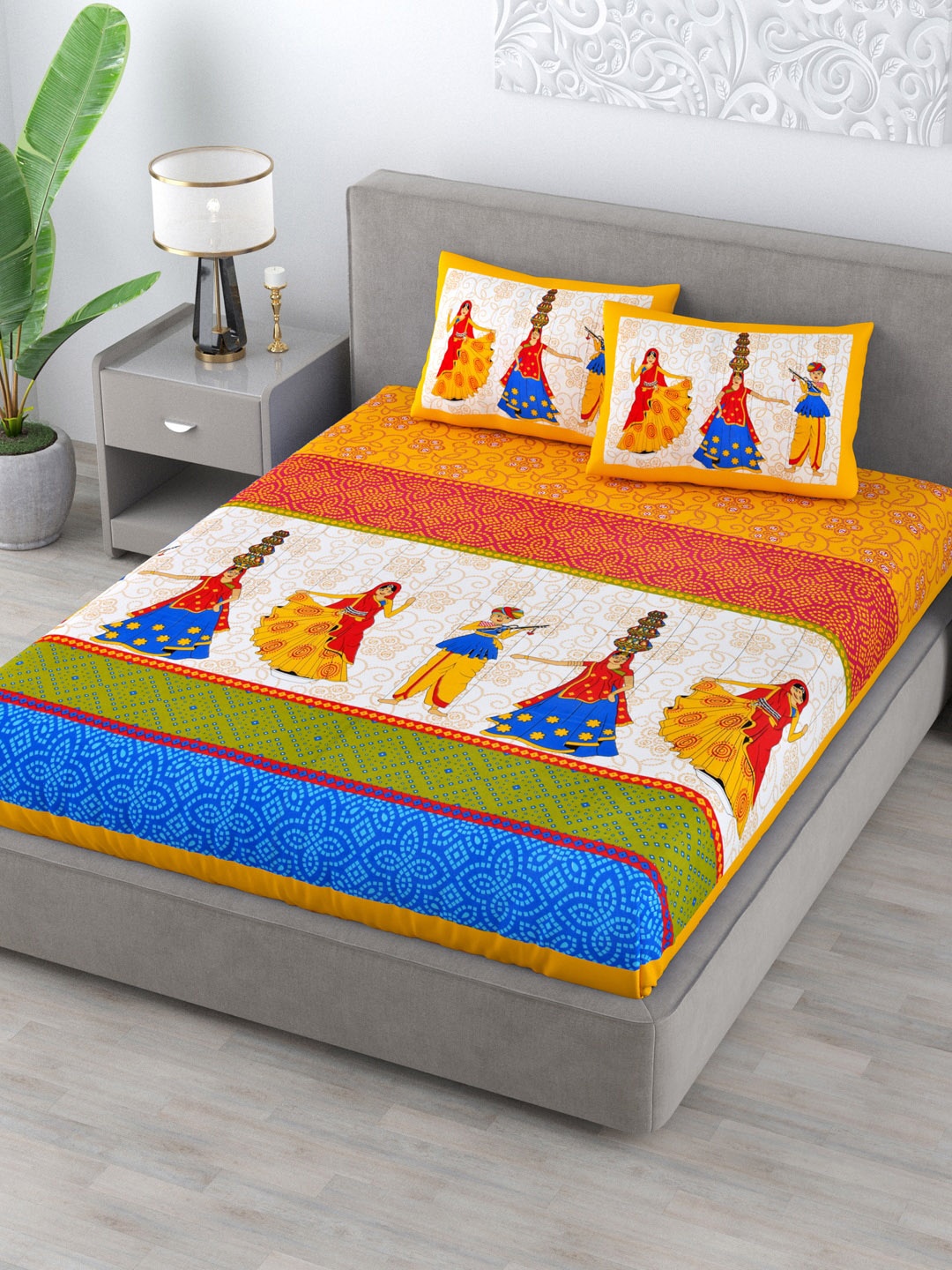 

Varde Brown & Blue Ethnic Motifs 120 TC Cotton Queen Bedsheet with 2 Pillow Covers
