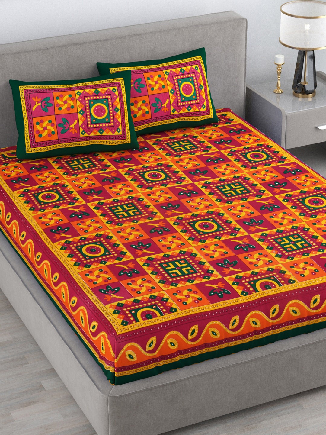 

Varde Ethnic Motifs Cotton 120 TC Queen Bedsheet with 2 Pillow Covers, Red