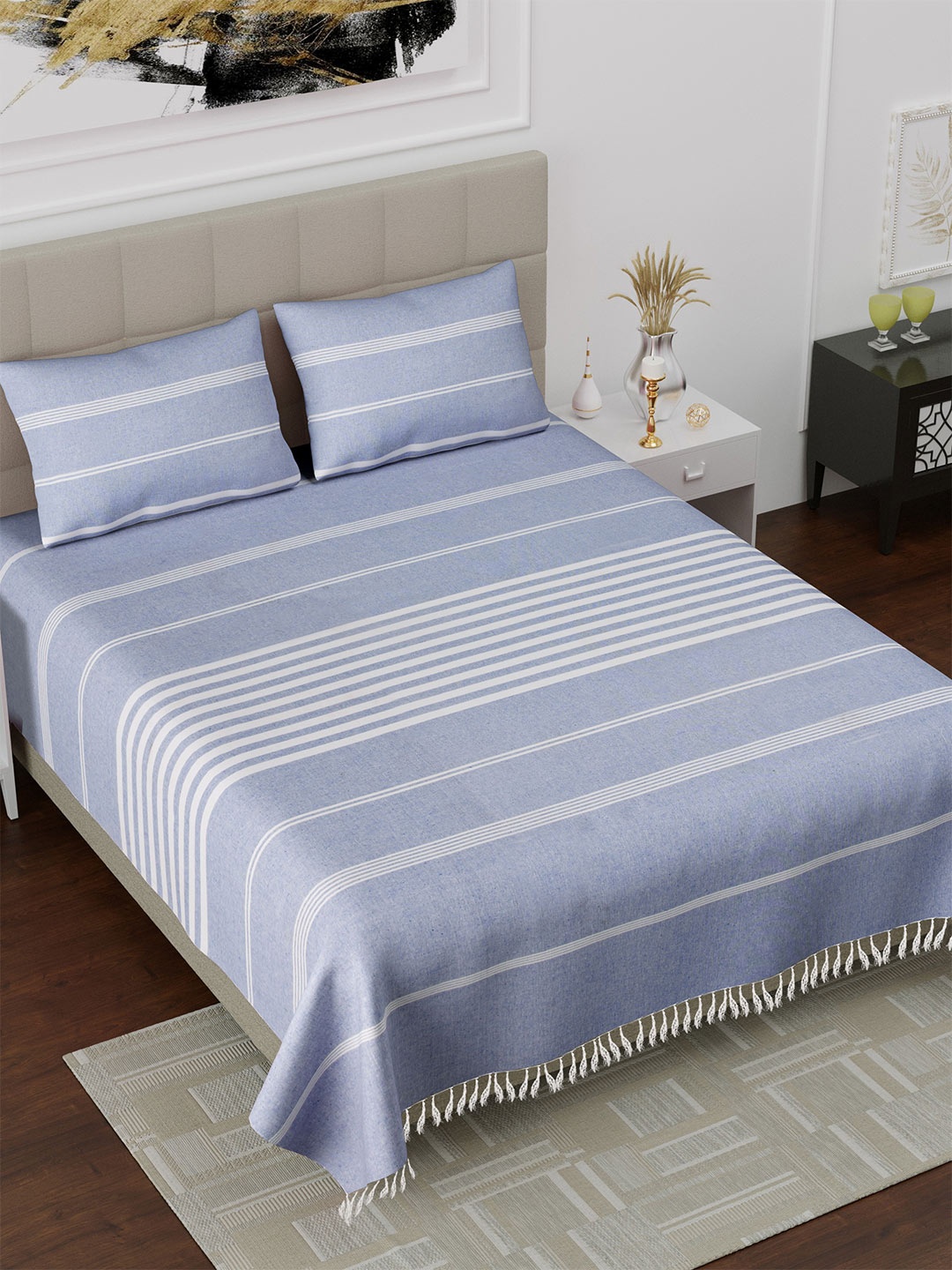 

Varde Blue Striped Pure Cotton 180 TC King Cotton Bedsheet Set 2.20m x 2.30m