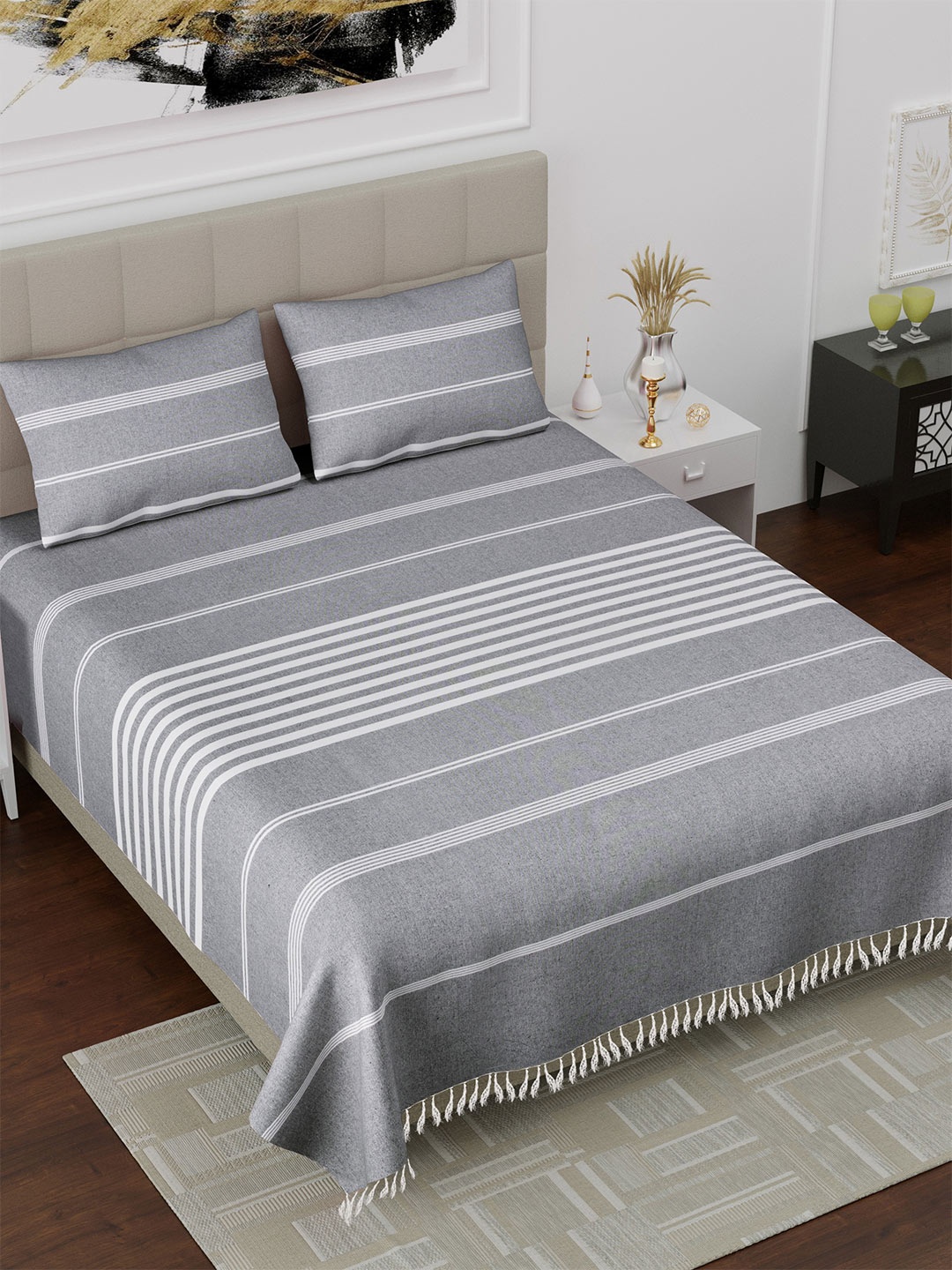 

Varde Grey Striped Pure Cotton Thick Yarn 180 TC Cotton King Bedsheet Set 2.28m x 2.54m