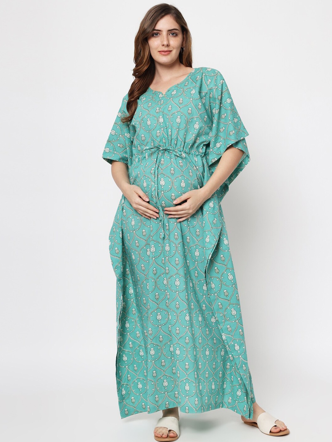 

Aujjessa Women Sea Green Printed Pure Cotton Maternity Maxi Kaftan Dress