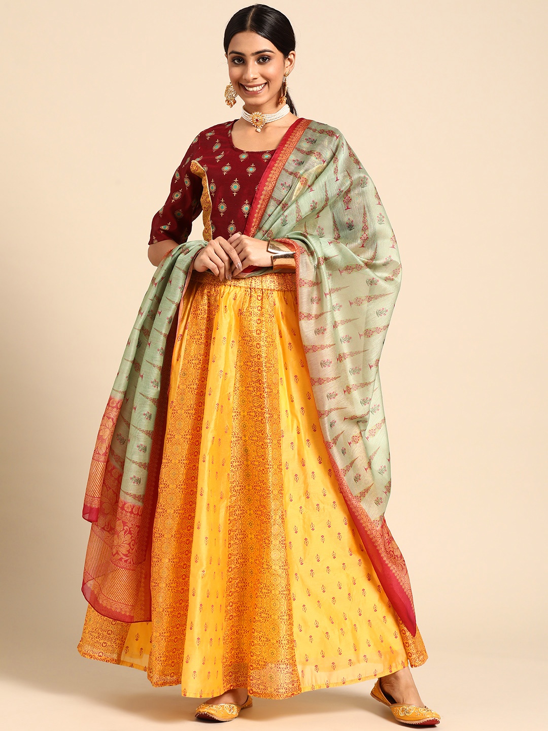 

Sangria Yellow & Maroon Printed Ready to Wear Lehenga & Blouse With Dupatta