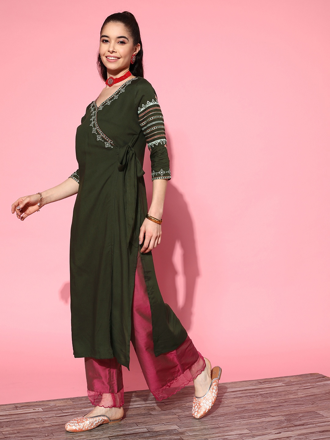 

HERE&NOW Women Olive Green Ethnic Motifs Embroidered Angrakha Kurta