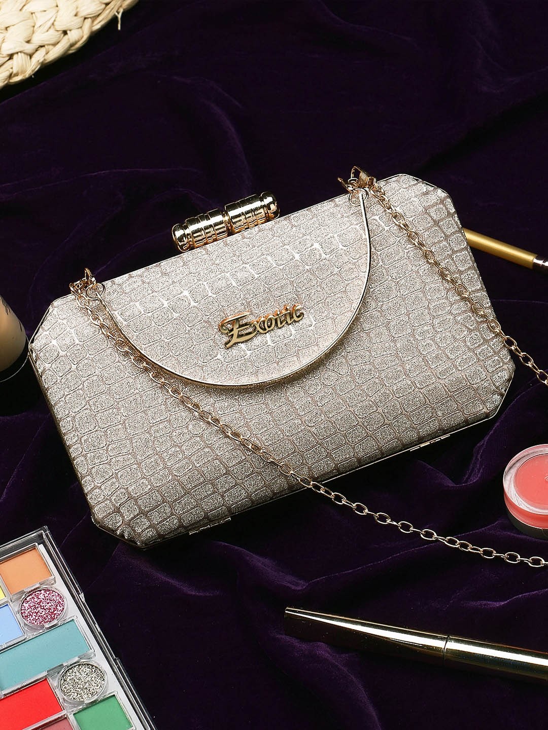 

Exotic Embellished Box Clutch, Silver
