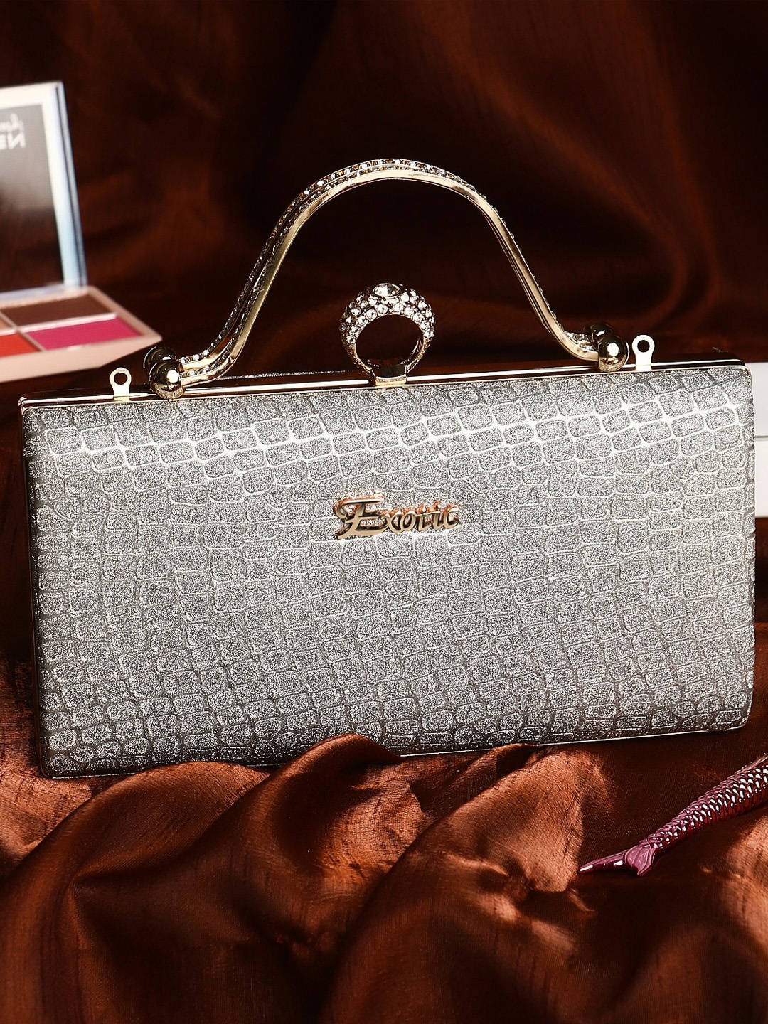 

Exotic Silver-Toned Embellished Box Clutch