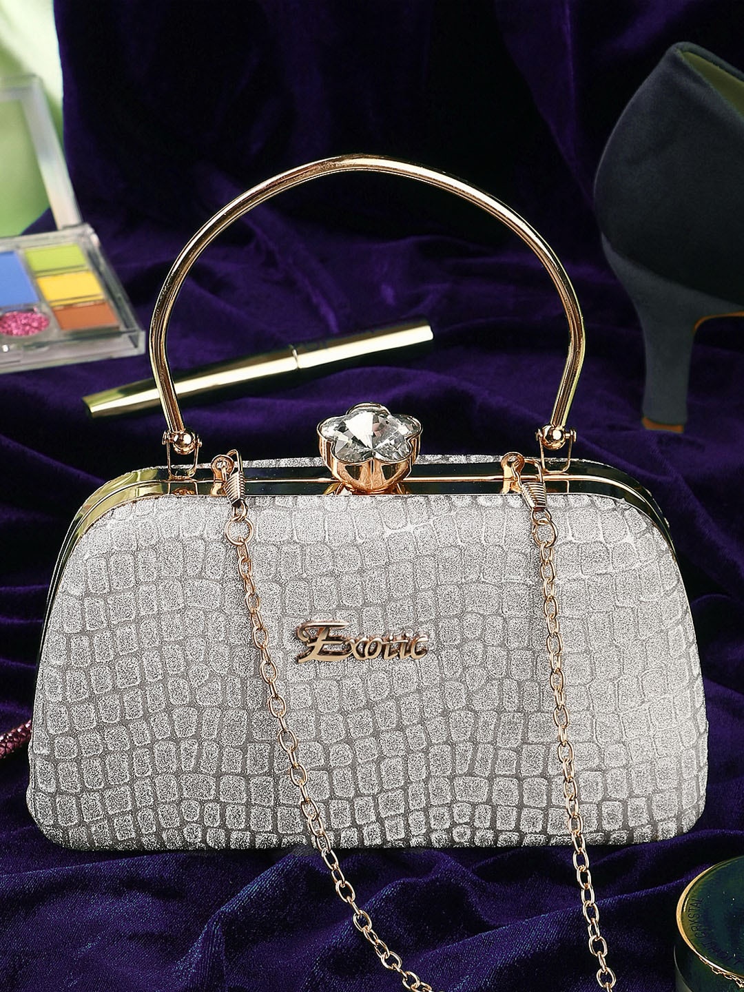 

Exotic Embellished Box Clutch, Silver