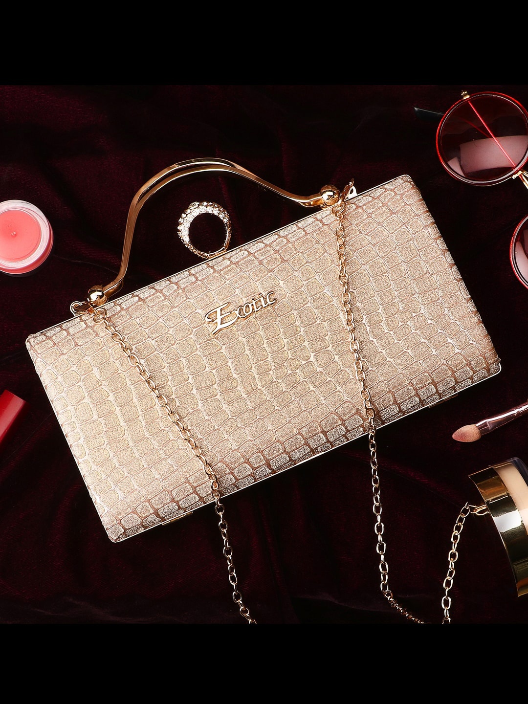 

Exotic Gold-Toned Textured Box Clutch