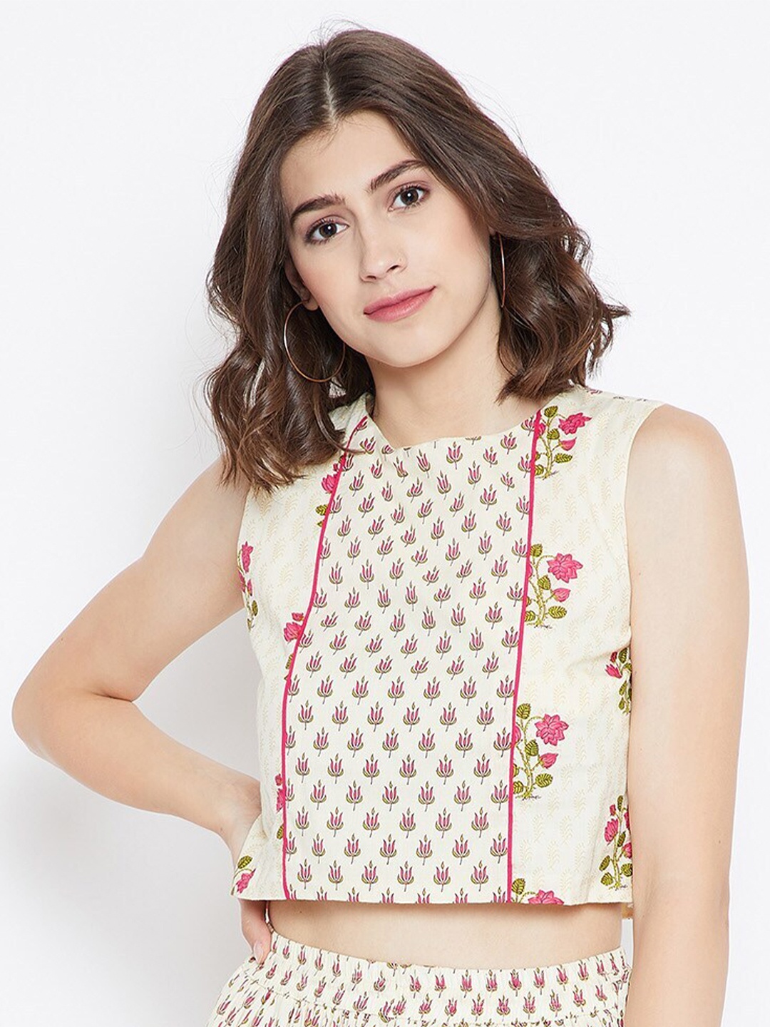 

Be Indi Women Cream-Coloured & Pink Floral Print Pure Cotton Crop Top