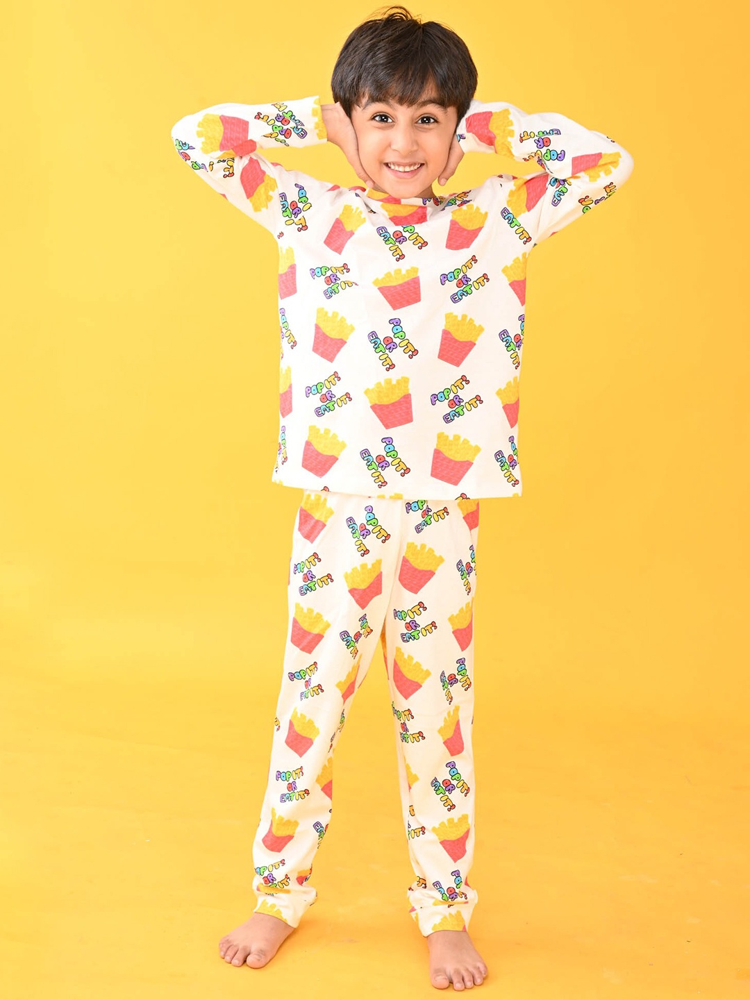 

Anthrilo Boys White & Yellow Printed Pure Cotton Night suit