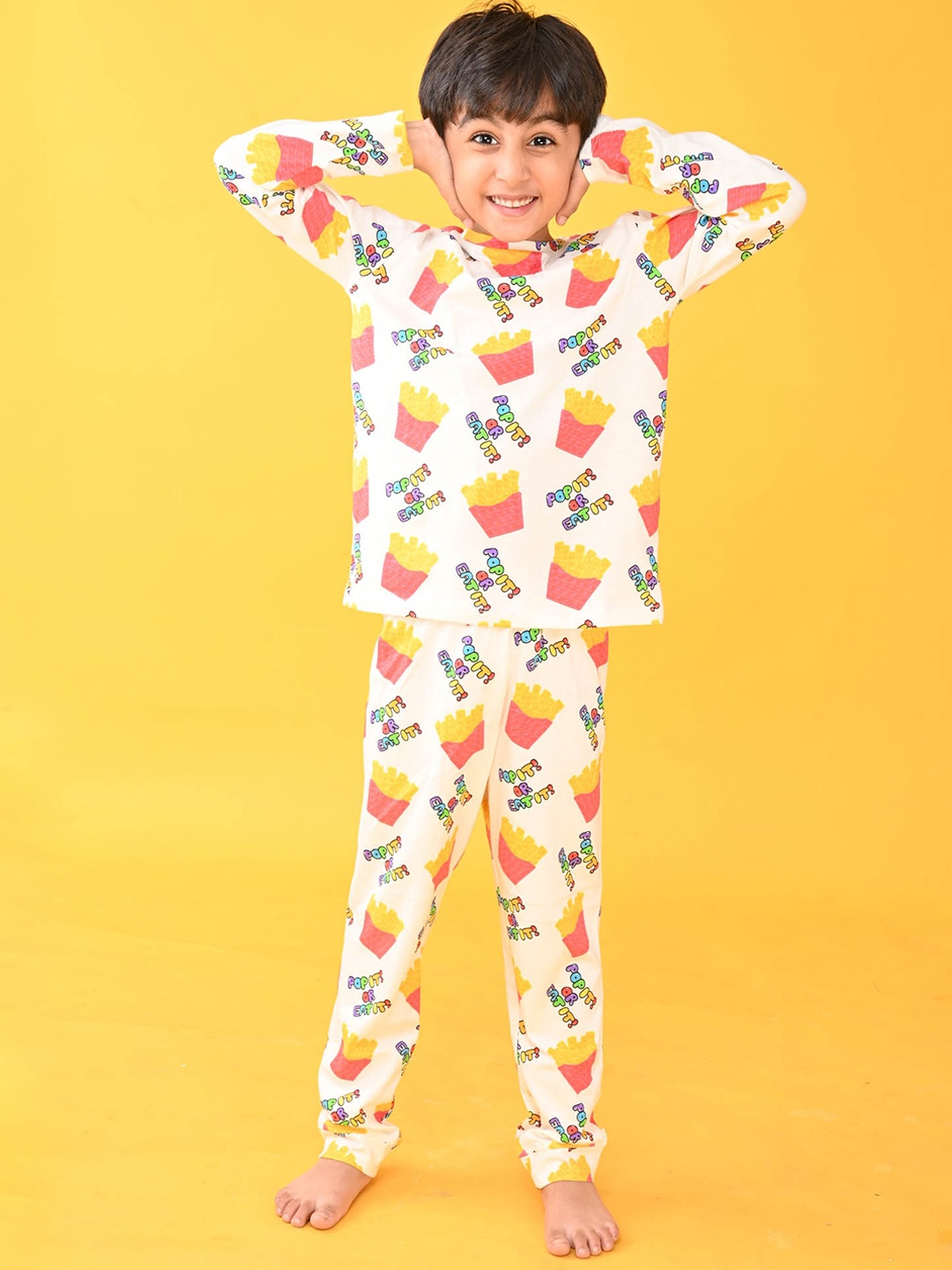 

Anthrilo Boys White & Yellow Printed Pure Cotton Night suit