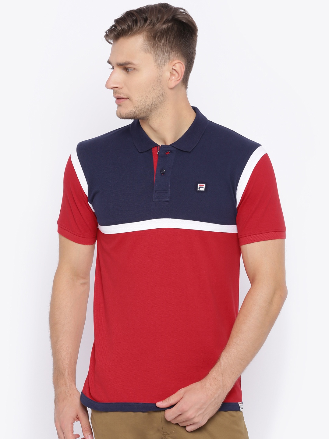 

FILA Men Red Navy Colourblocked Polo Pure Cotton T-shirt