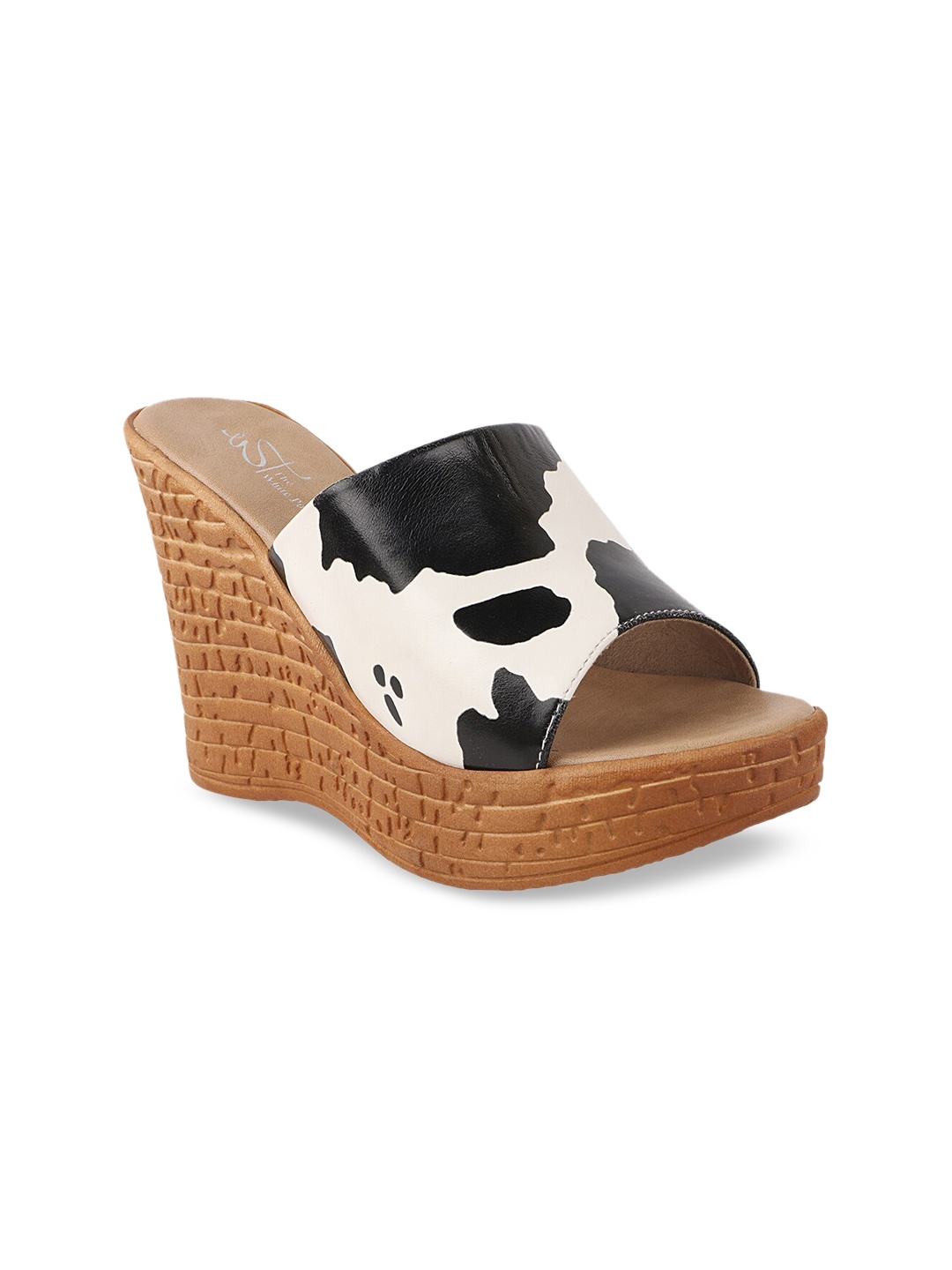 

THE WHITE POLE Black & Cream-Coloured Printed Wedge Heels