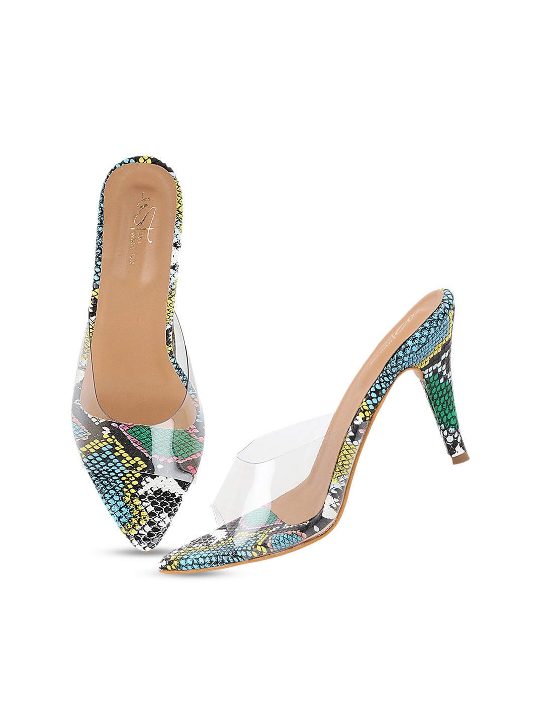 

THE WHITE POLE Blue & Transparent Printed Stiletto Pumps Heels
