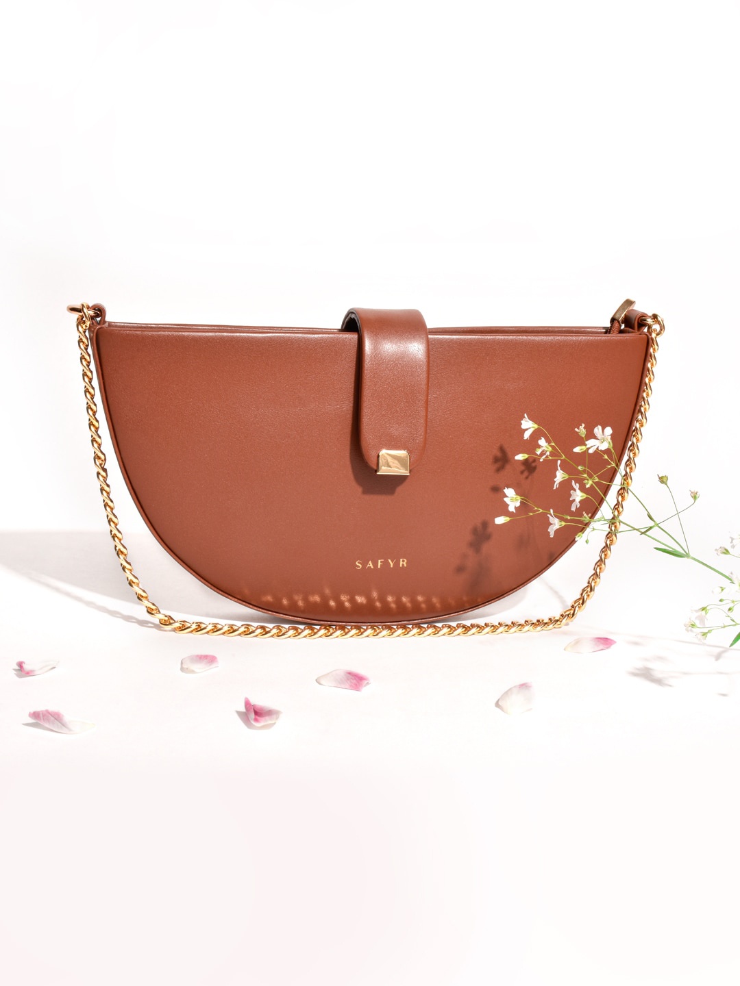 

SAFYR Tan Solid Half Moon Leather Sling Bag