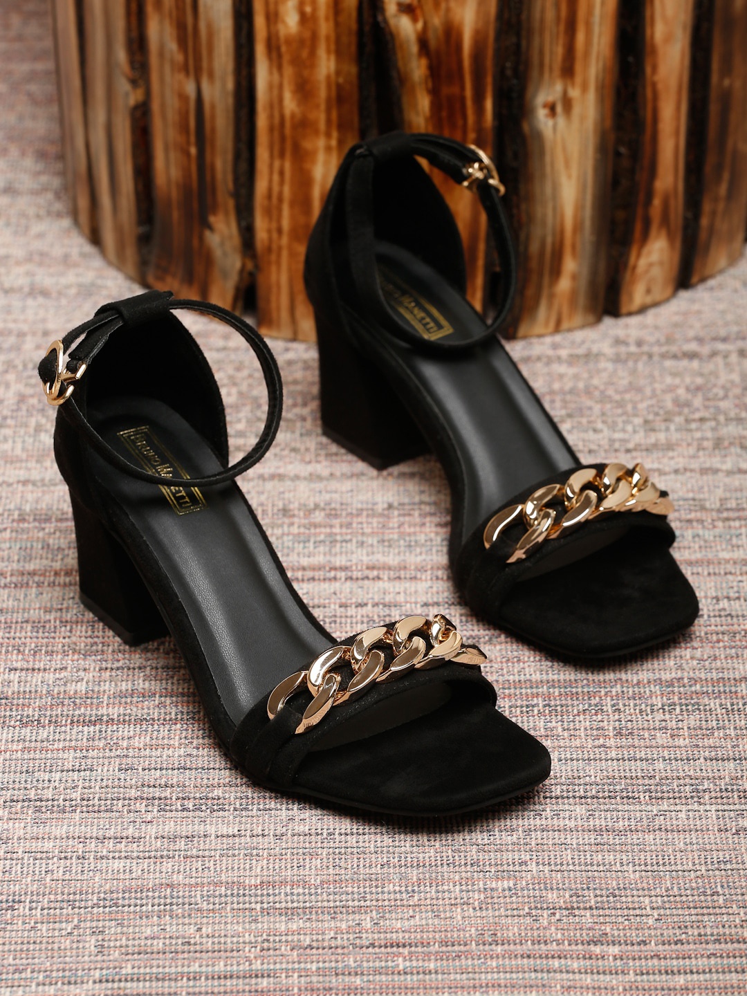 

Bruno Manetti Women Black Embellished Suede Block Sandals