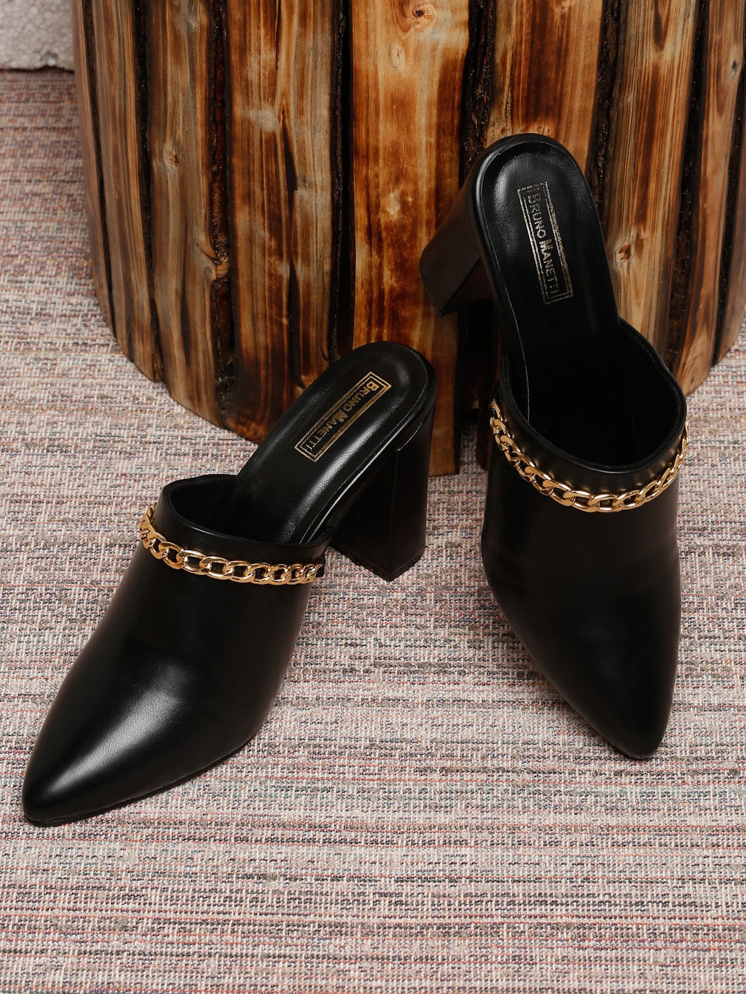 

Bruno Manetti Black PU Block Mules