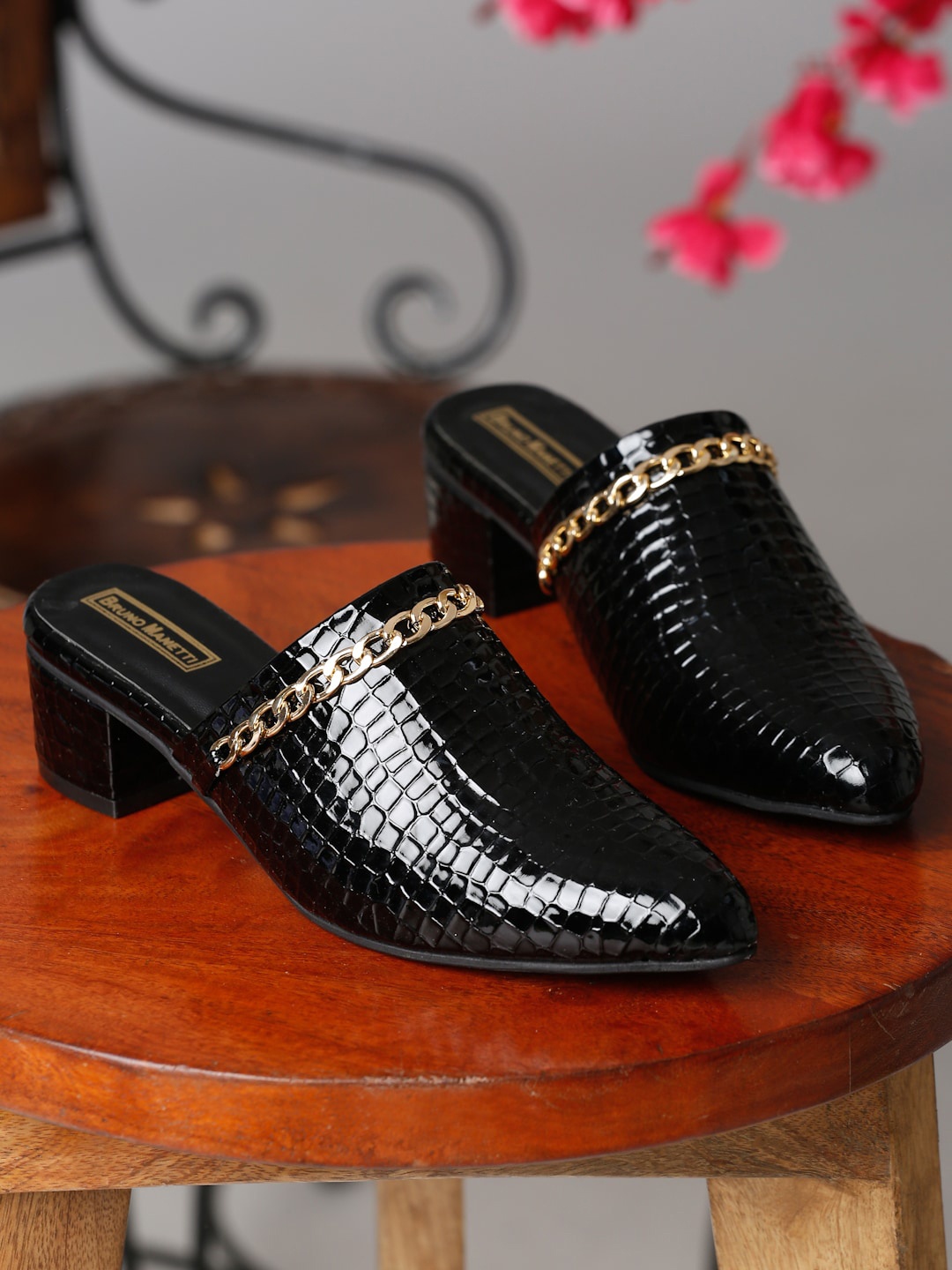 

Bruno Manetti Women Brown Textured PU Block Mules