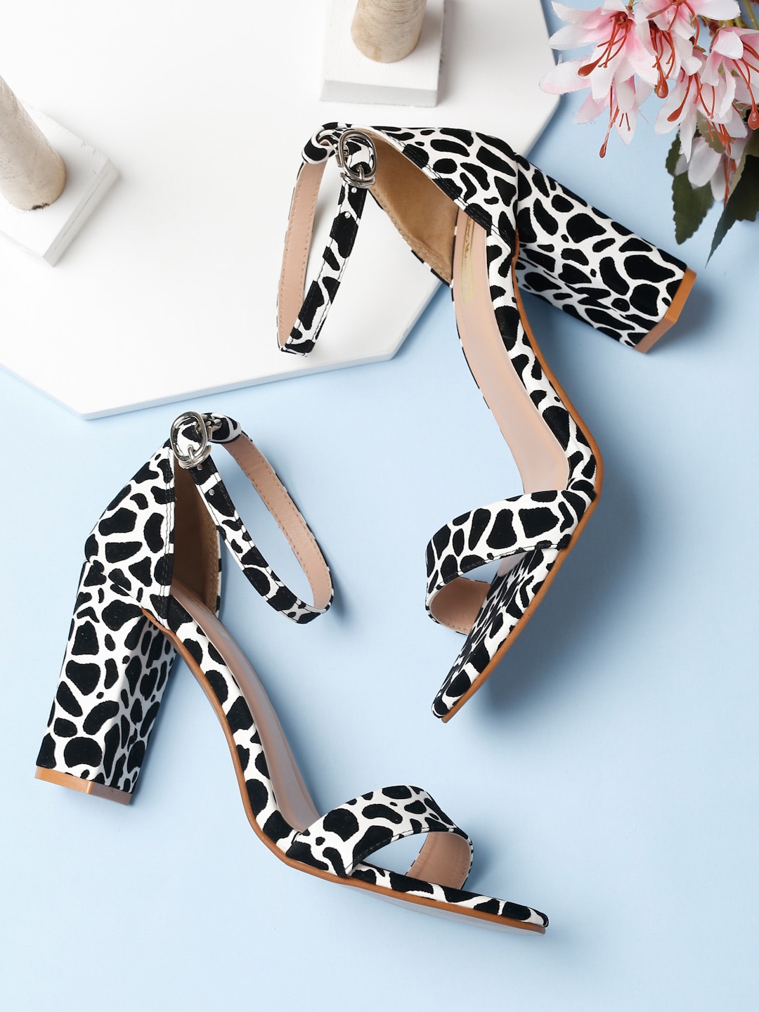 

Bruno Manetti White & Black Printed Suede Block Heels