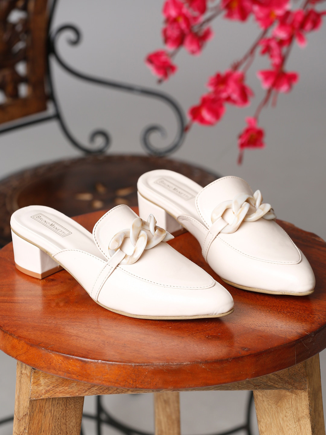 

Bruno Manetti Women Beige Embellished PU Block Mules with Bows