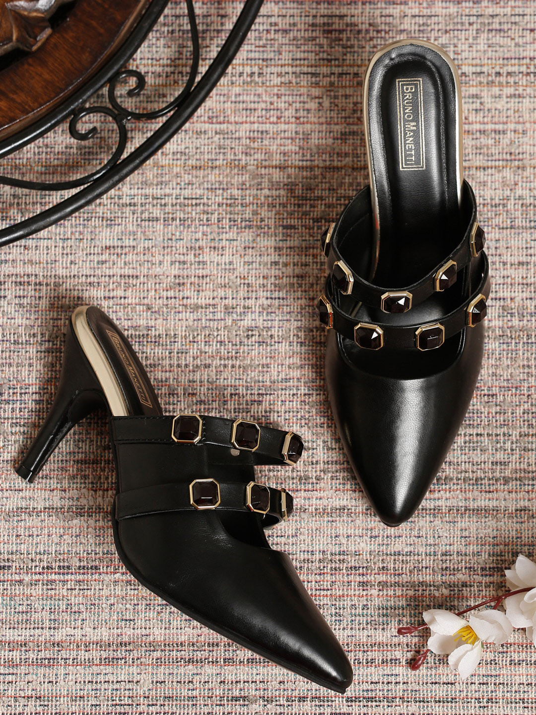 

Bruno Manetti Women Black Embellished PU Kitten Pumps
