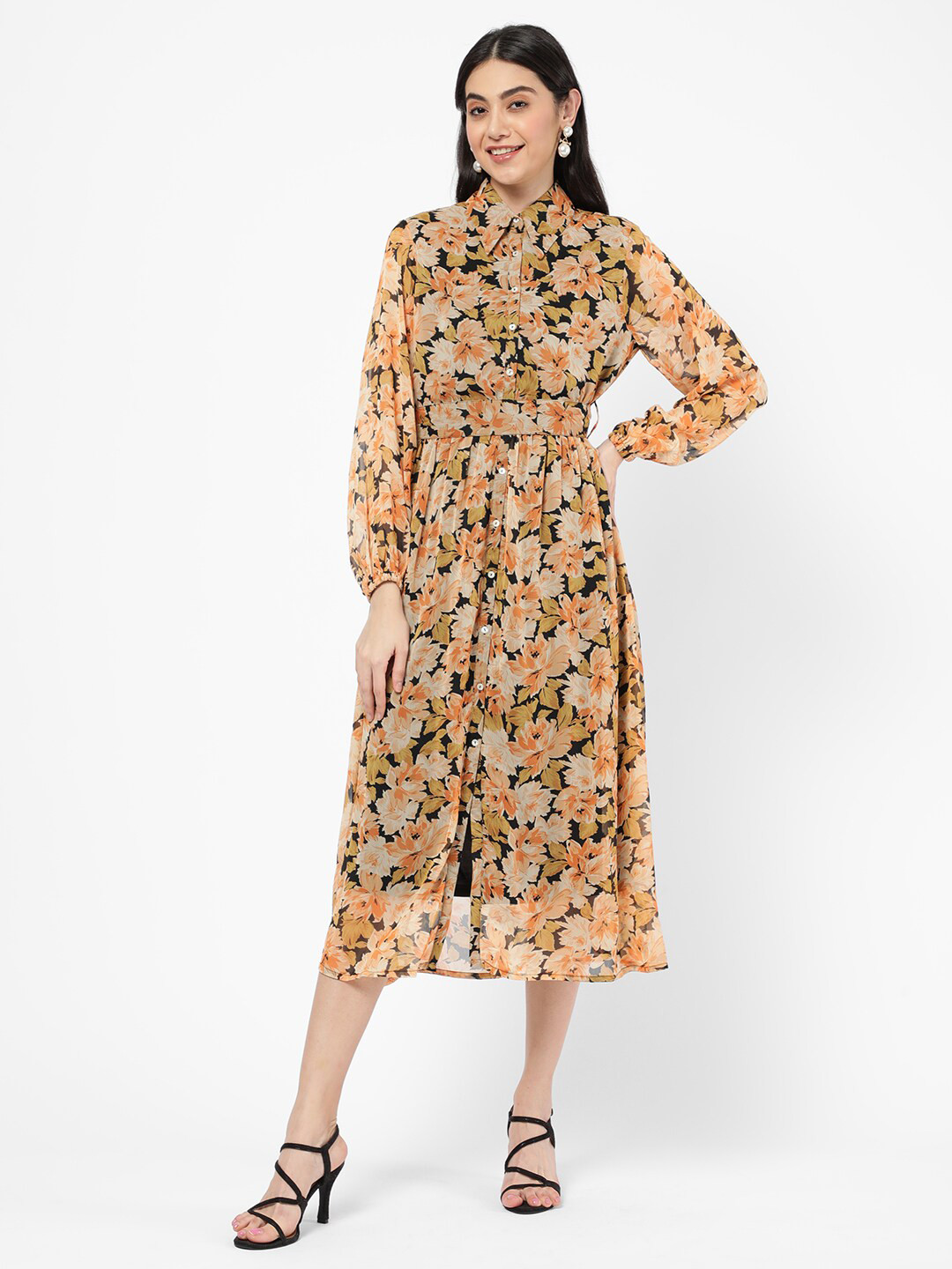 

R&B Women Black & Yellow Floral Shirt Midi Dress