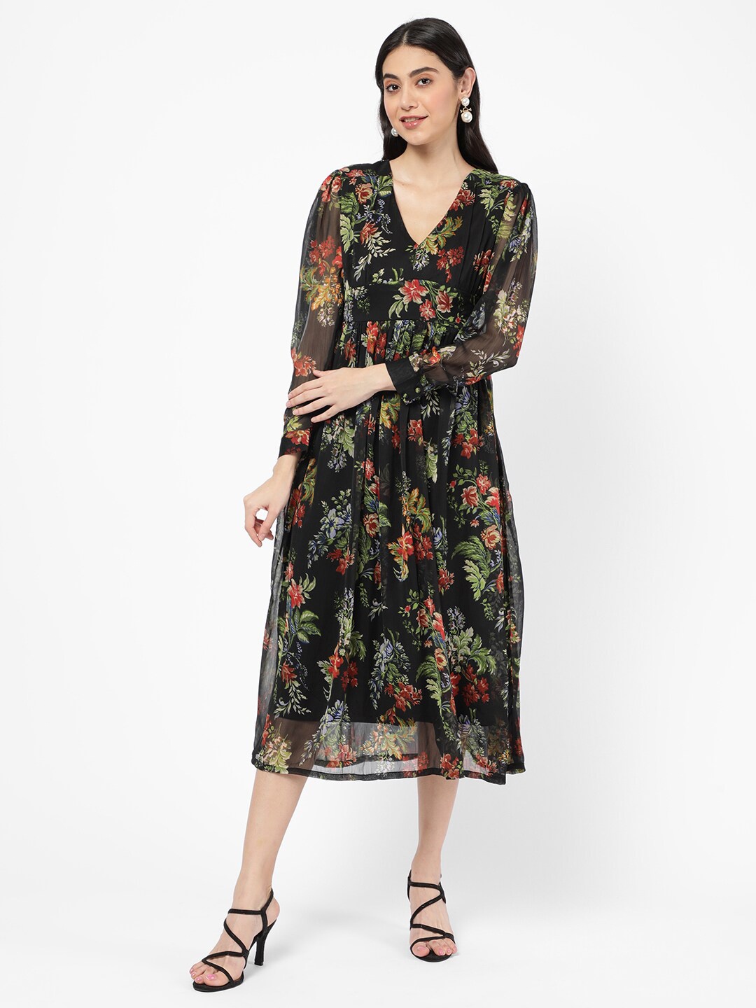 

R&B Women Black Floral Midi Dress