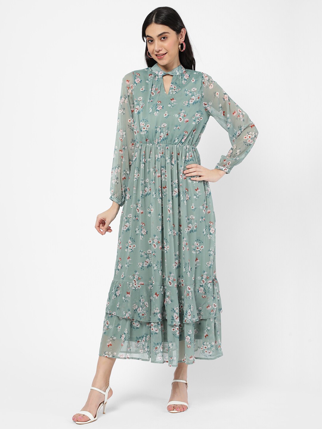 

R&B Women Green Floral Keyhole Neck Maxi Dress