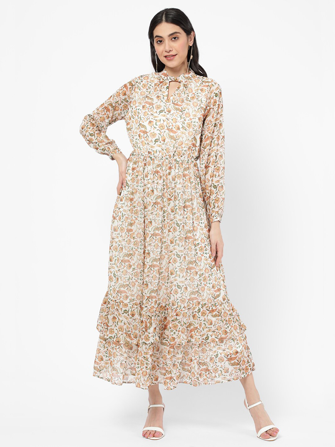 

R&B Women White Floral Tie-Up Neck Maxi Dress