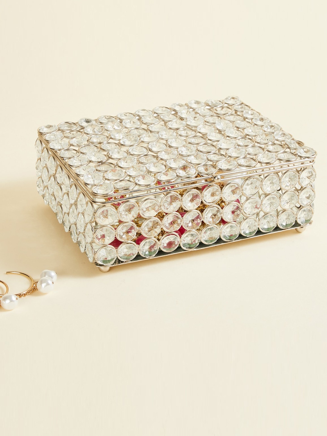 

Home Centre Silver-Toned Crystal Studded Decorative Box Showpiece