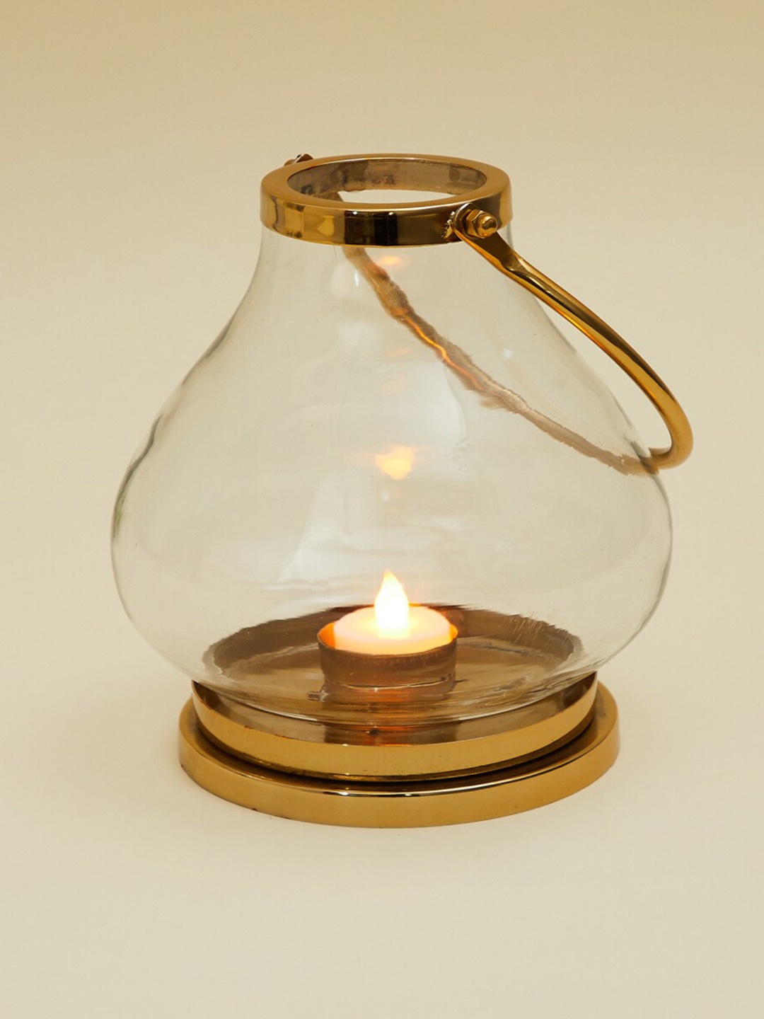 

Home Centre Gold Solid Glass Lantern with Metal Handle Candle Holder