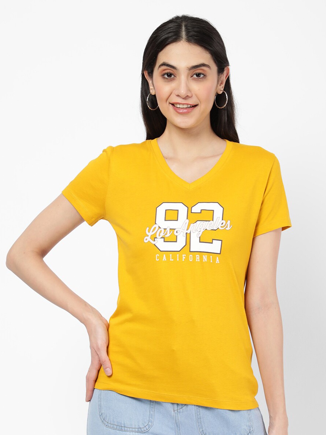 

R&B Women Yellow Typography Printed V-Neck T-shirt