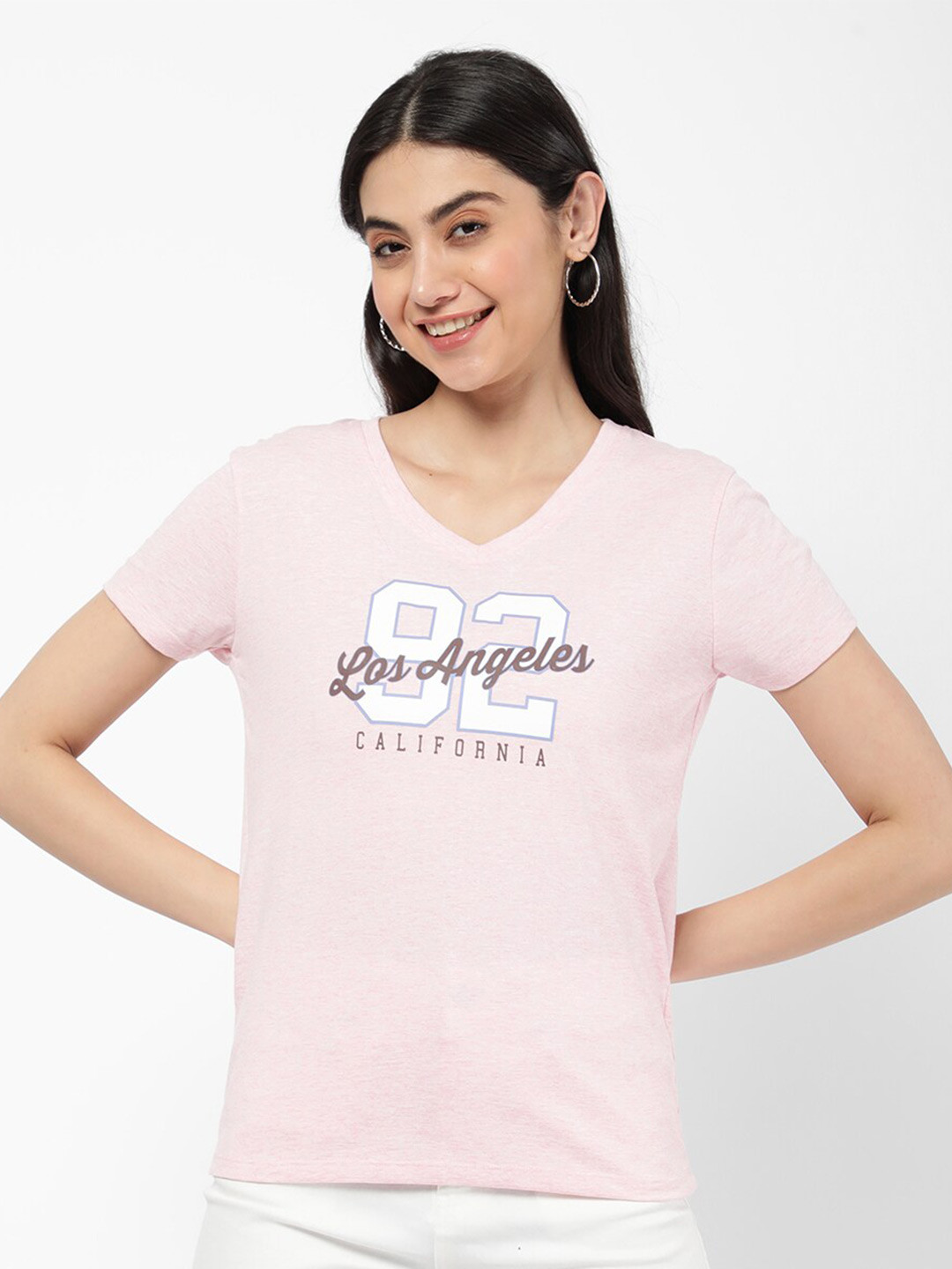 

R&B Women Pink Typography V-Neck T-shirt