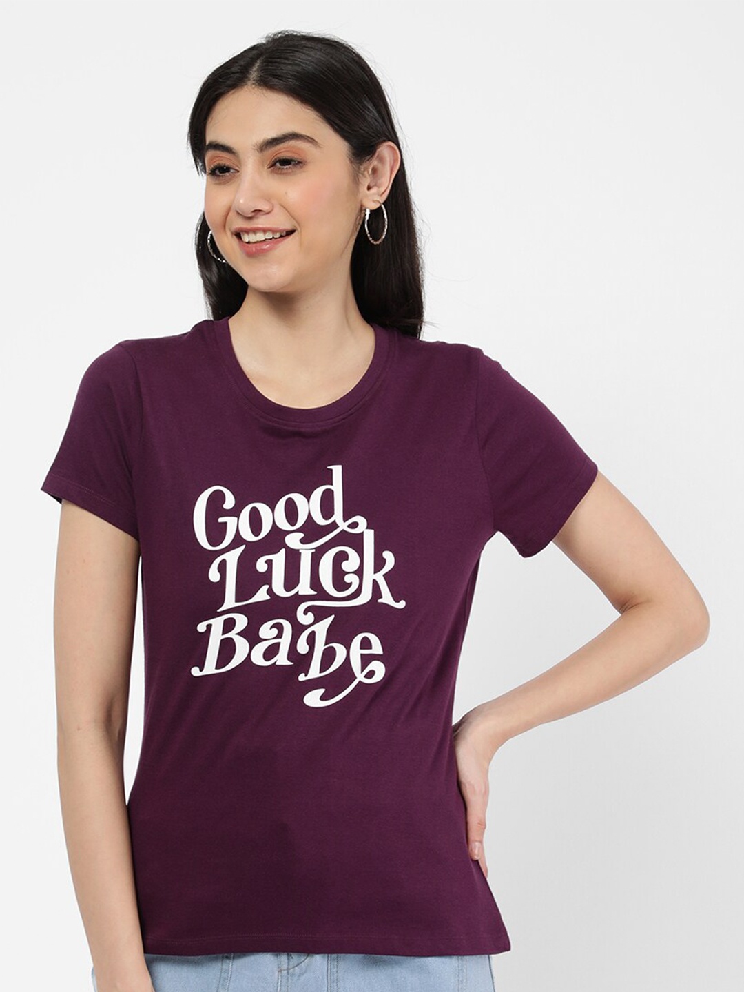 R&B Women Purple & White Typography Printed T-shirt