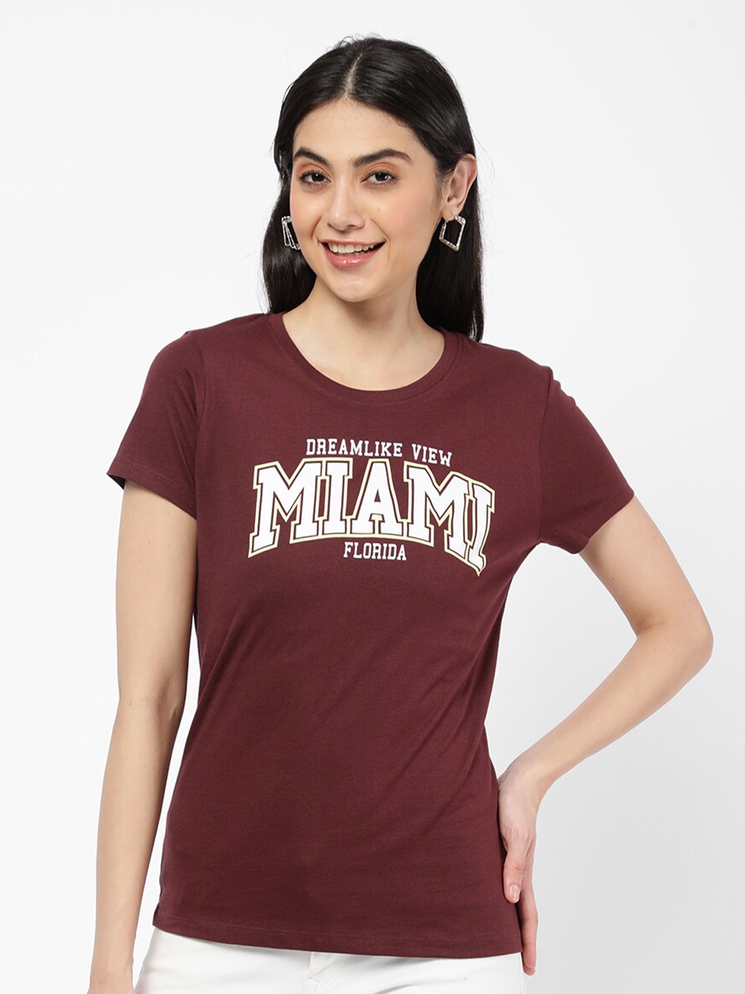 

R&B Women Red & White Typography Printed Polo Collar T-shirt