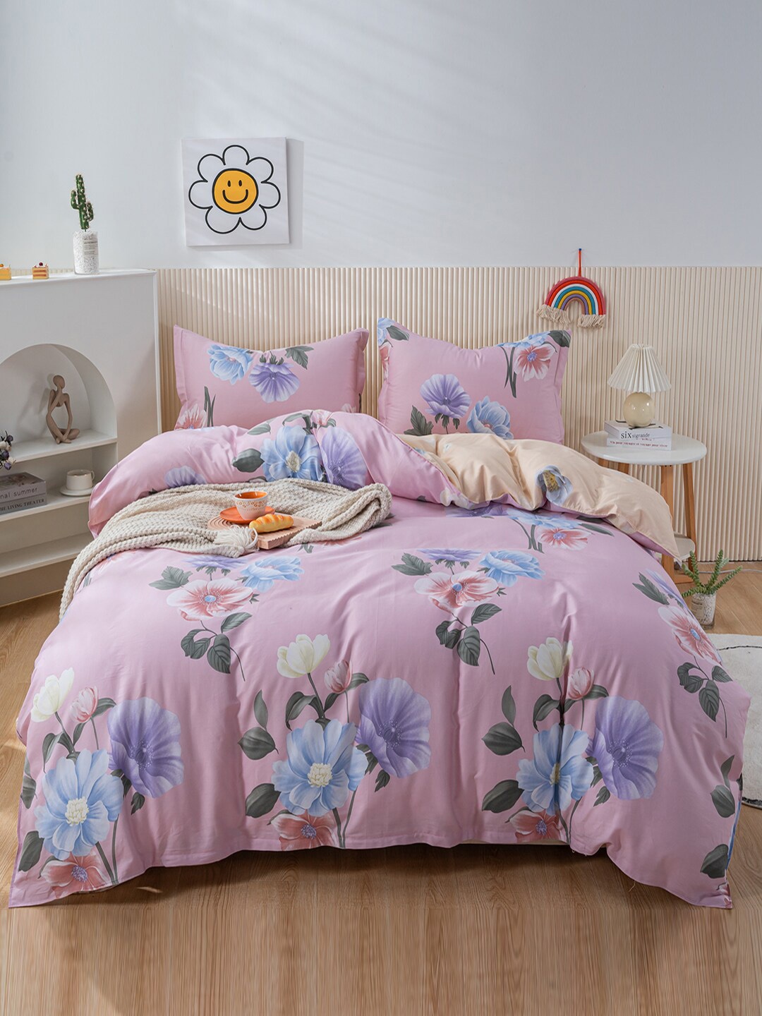

JC HOME Pink Cream-Coloured Printed Pure Cotton Bedding Set