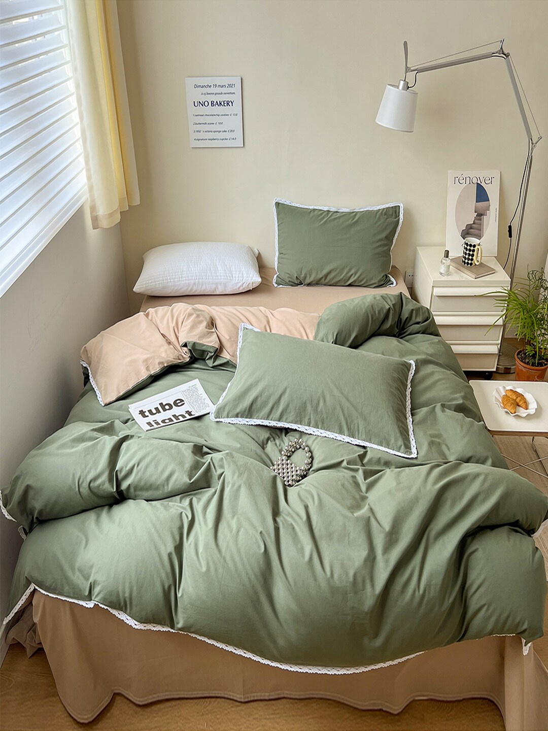 

JC HOME Green & Beige Double King Single Bedding Set