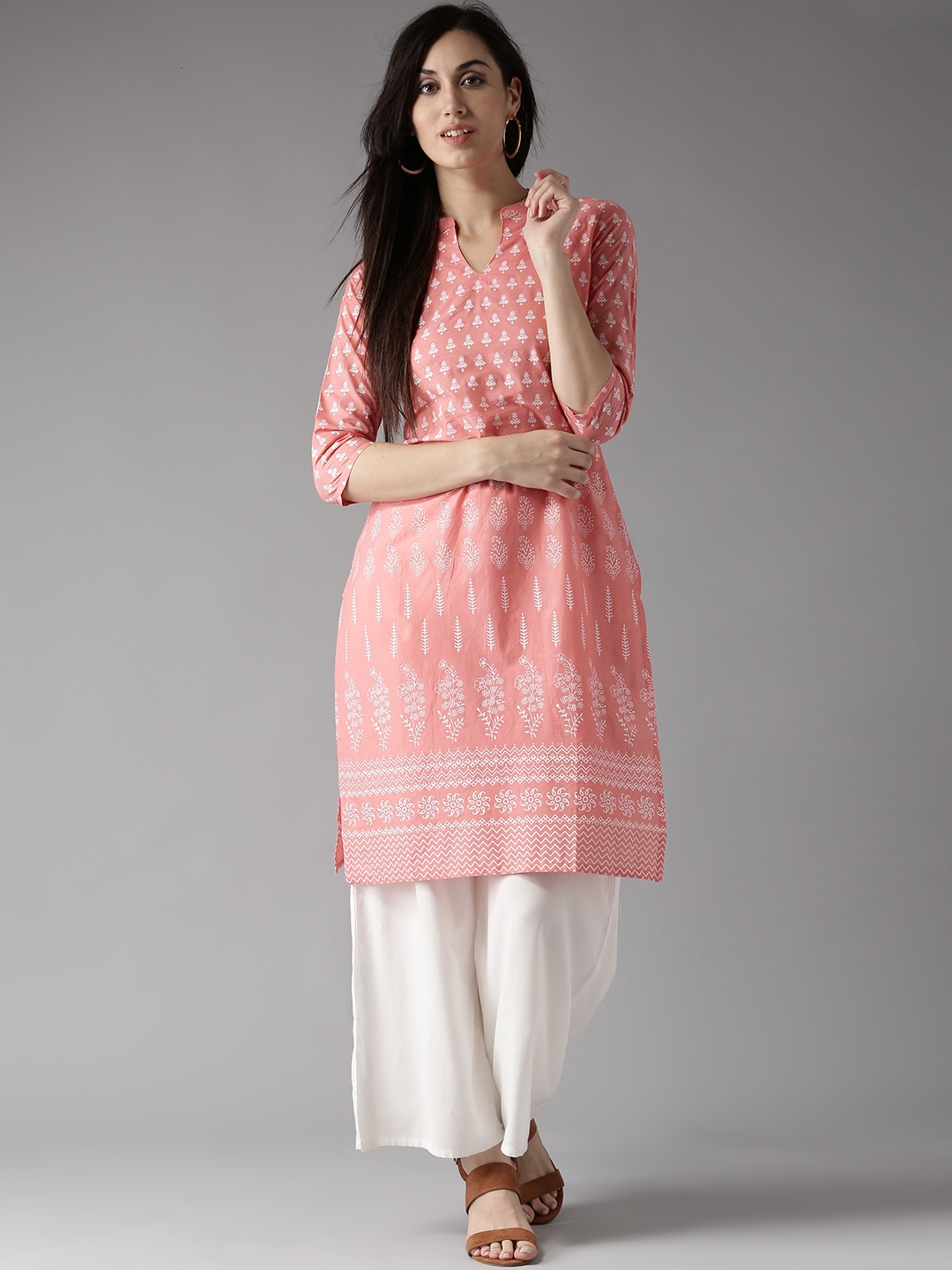 

HERE&NOW Women Peach-Coloured Printed Straight Kurta