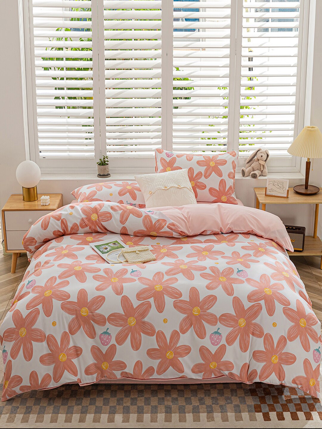 

JC Collection Pink Floral Printed Double Queen Cotton Bedding Set, White