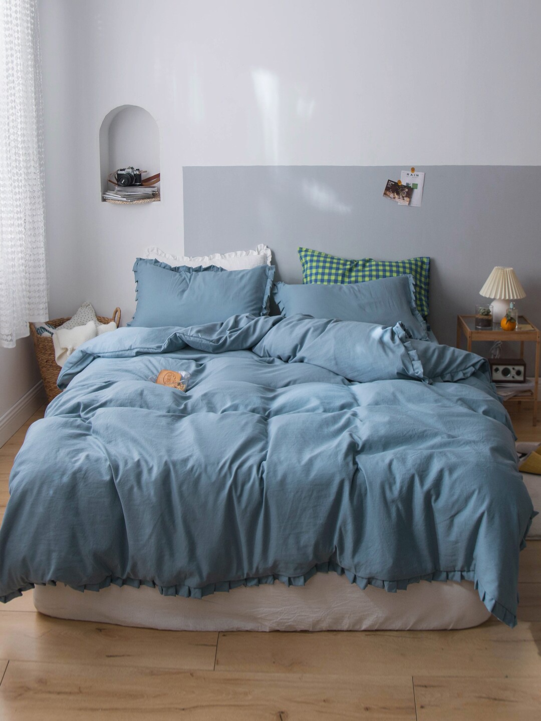 

JC HOME Blue Solid Double King Bedding Set